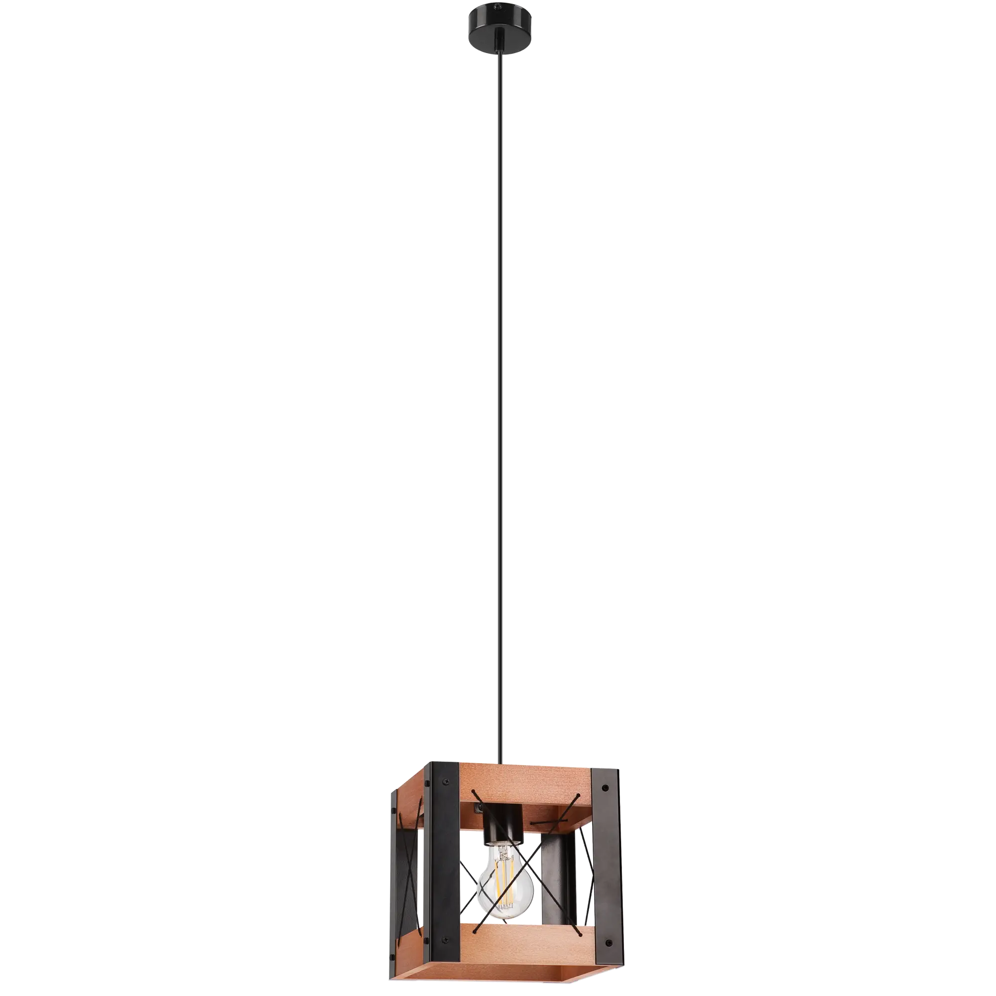 Lampa wisząca Frida czarna z rustykalnym drewnem E27 Lamkur