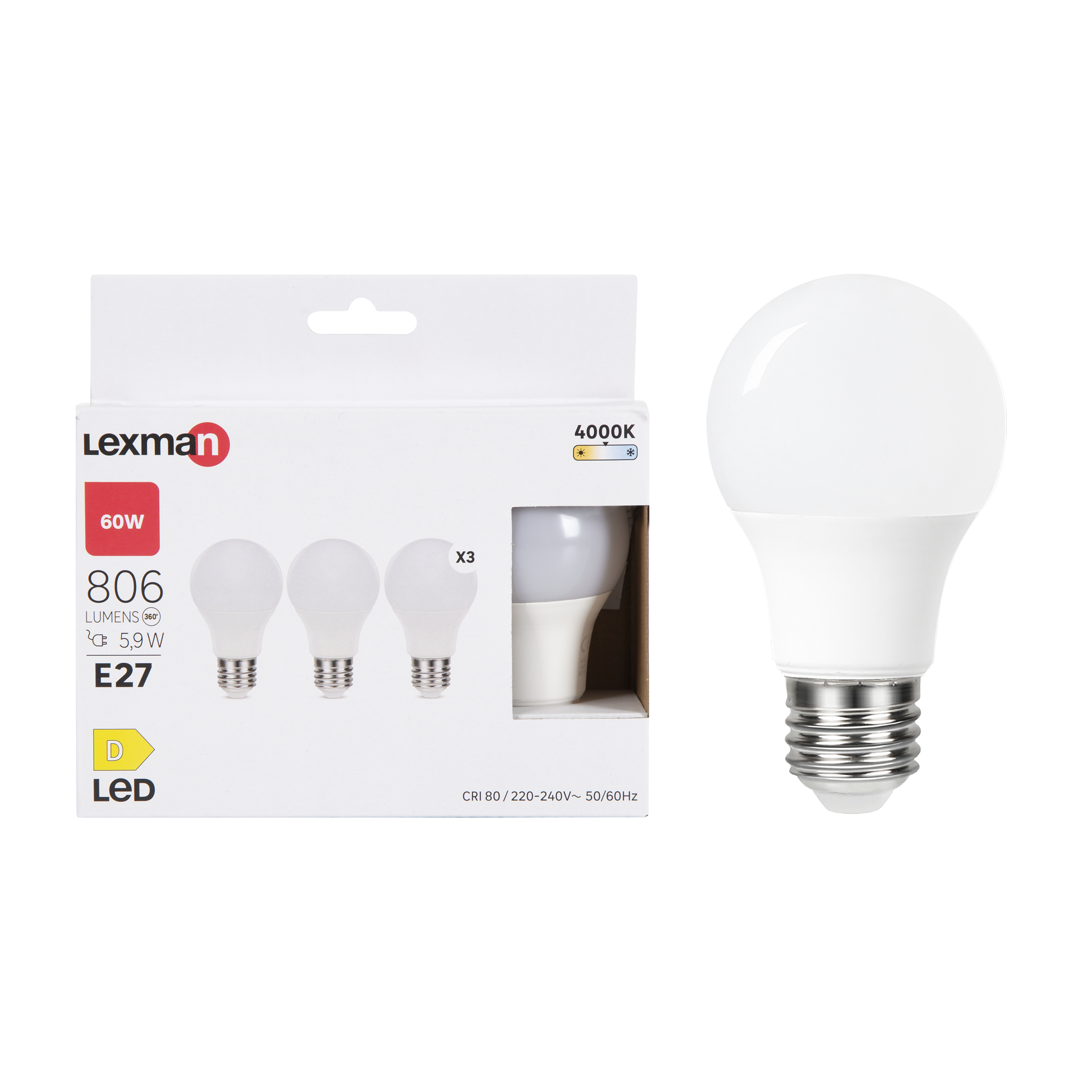 Żarówka LED E27 3 szt. 5.9 W = 60 W 806 lm Neutralna biel Lexman