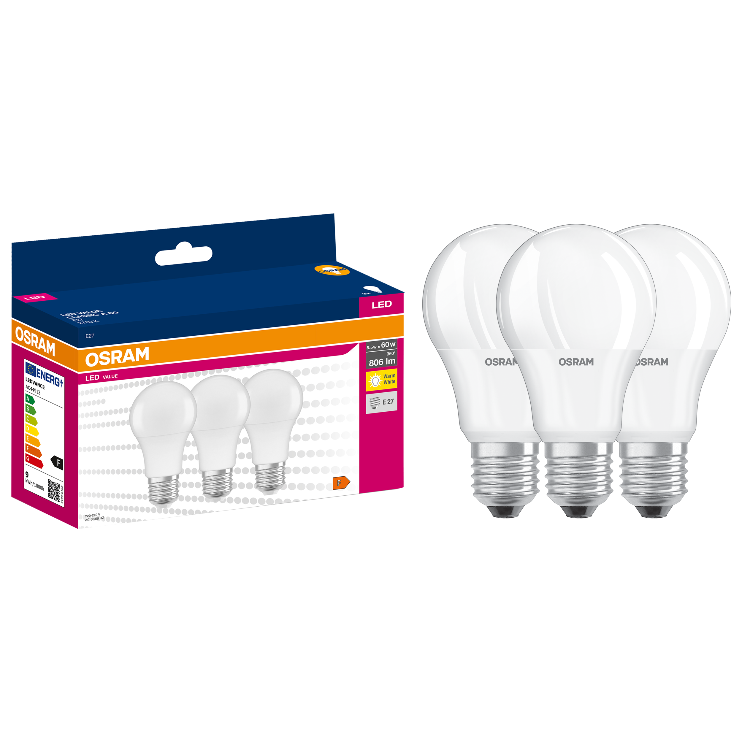 Żarówka LED 3 szt. E27 8 W 806 lm Ciepła biel Osram