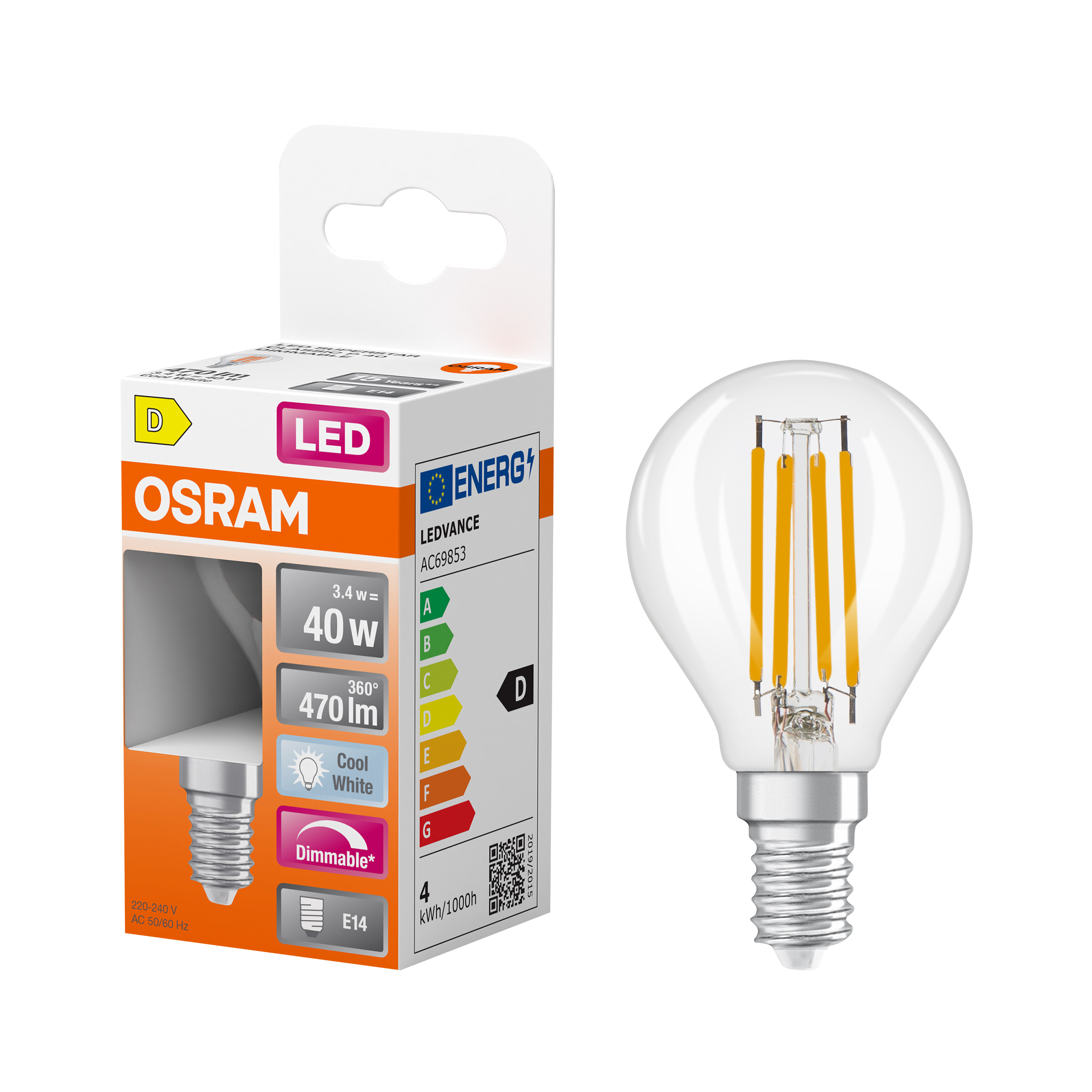Żarówka LED E14 FIL 4.8W 470LM 4TK DIM CLGL OSRAM