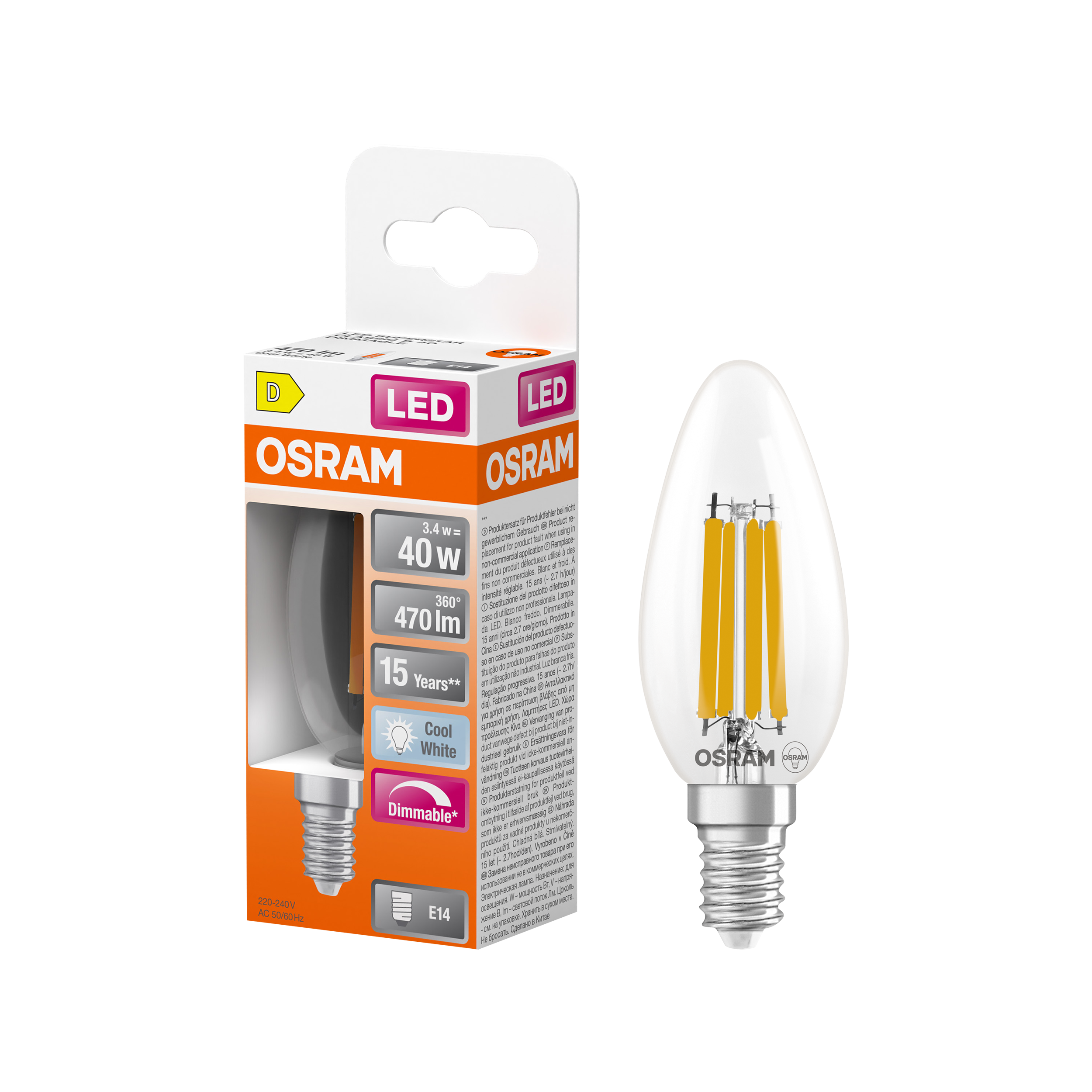 Żarówka E14 FIL SW 4.8W 470LM 4TK DIM CLGL OSRAM