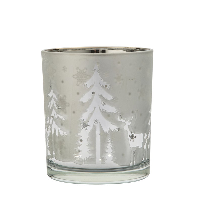 Świecznik szklany na tealight Renifer 9 x 10 cm srebrny