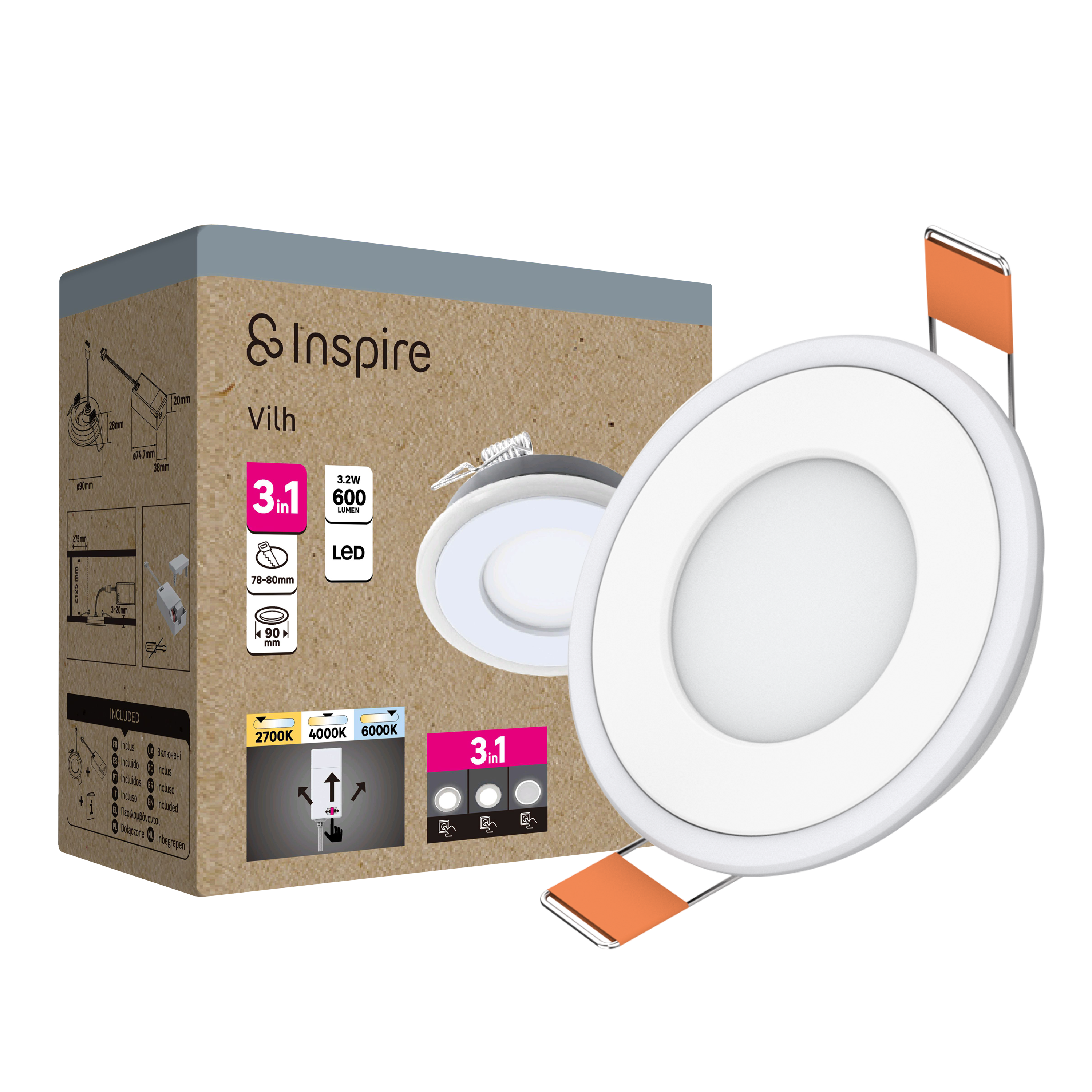 Oprawa podtynkowa oczko Vilh LED 600 lm 3.2W barwa ciepła, neutralna, zimna 9 cm biała Inspire