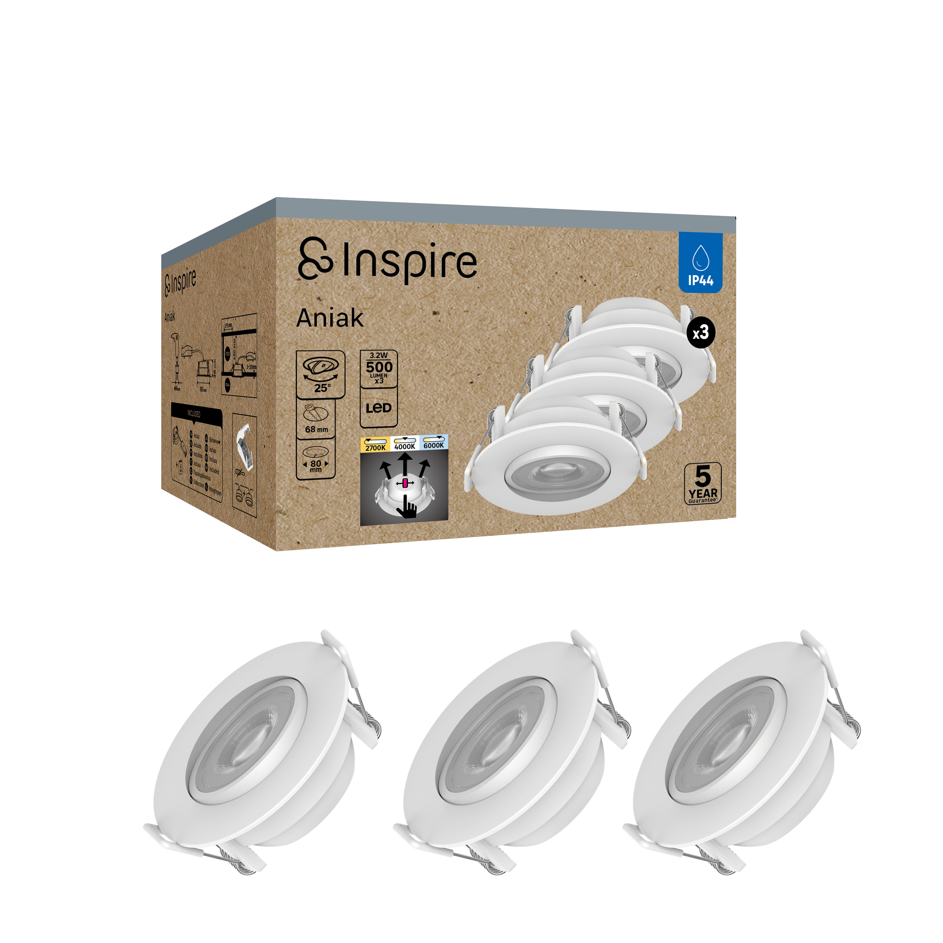 Oprawa stropowa oczko Aniak 3 szt. LED 500 lm 3.2W barwa ciepła, neutralna, zimna 8 cm biała IP44 Inspire