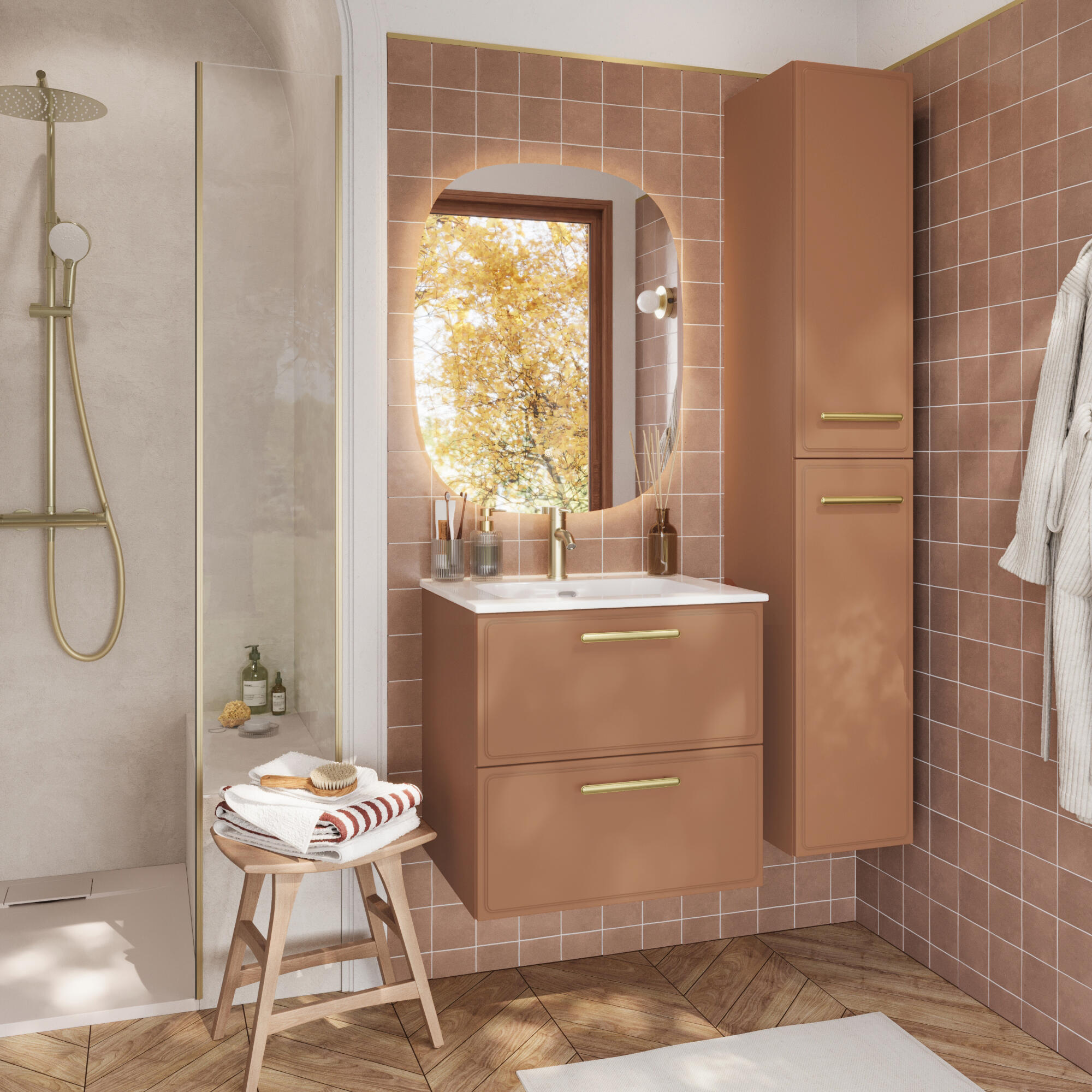 Zestaw szafka łazienkowa wisząca z umywalką 61X49 dwie szuflady Pearl terakota Sensea