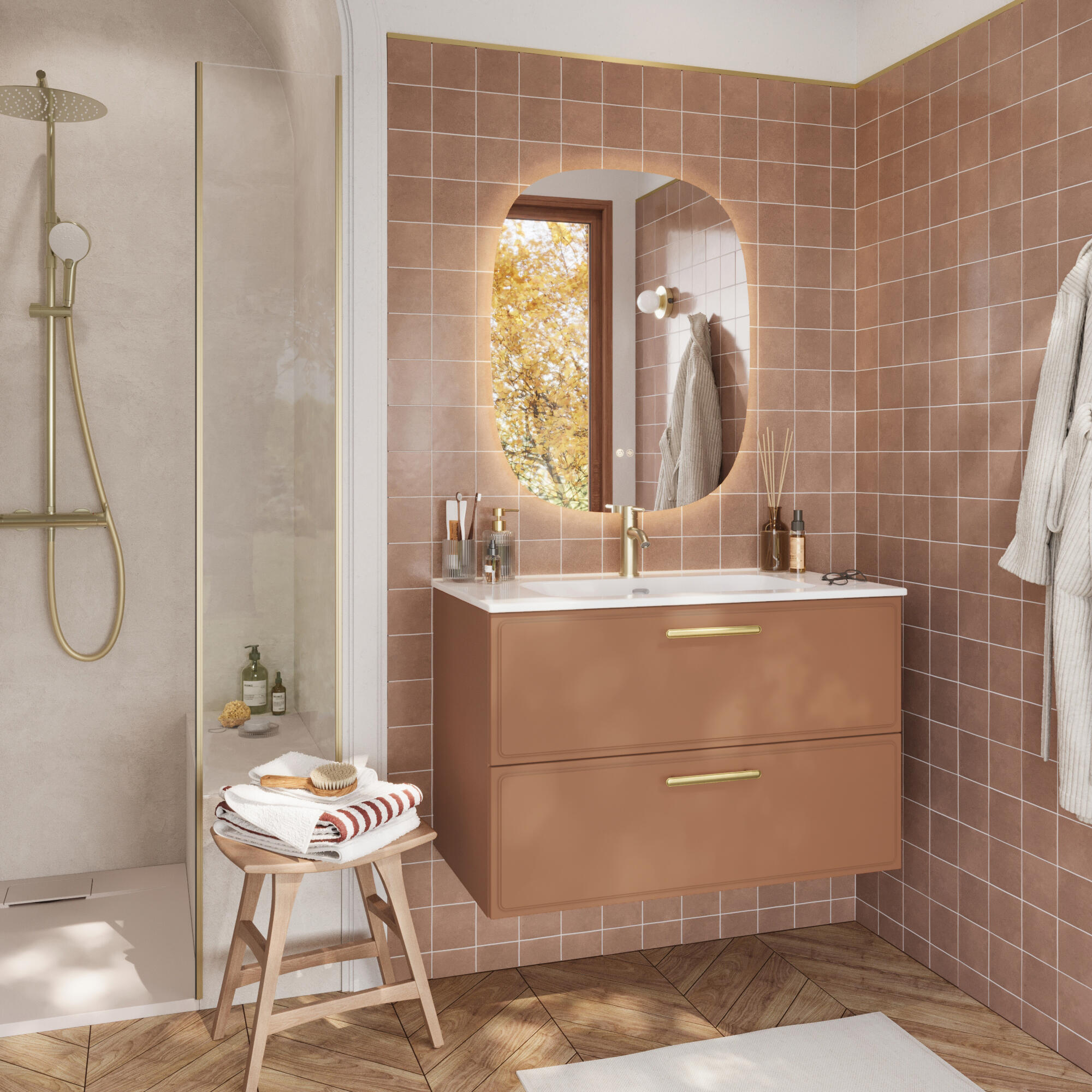 Zestaw szafka łazienkowa wisząca z umywalką 91X49 dwie szuflady Pearl terakota Sensea