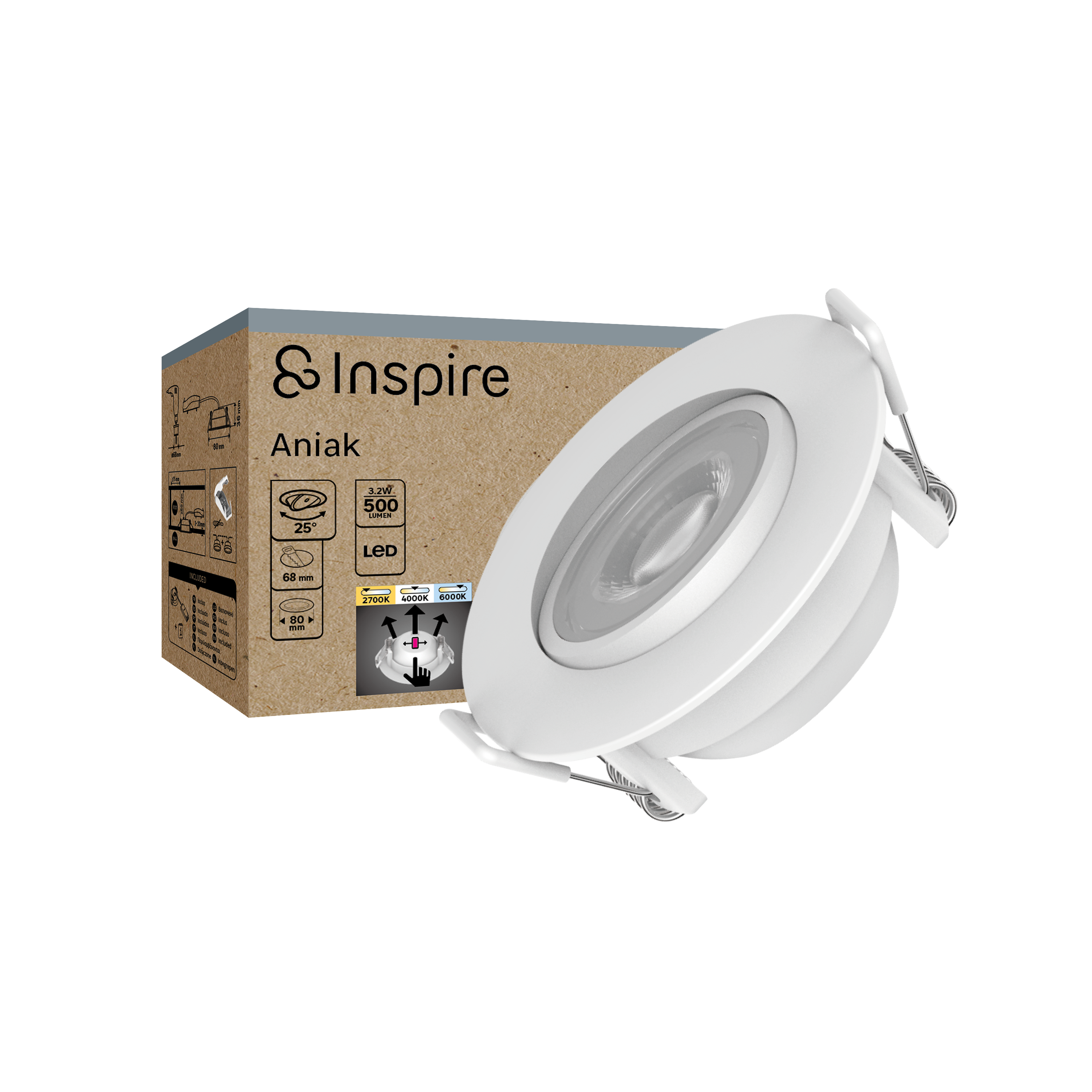 Oprawa stropowa oczko Aniak LED 500 lm 3.2 W barwa ciepła, neutralna, zimna 8 cm biała IP44 Inspire