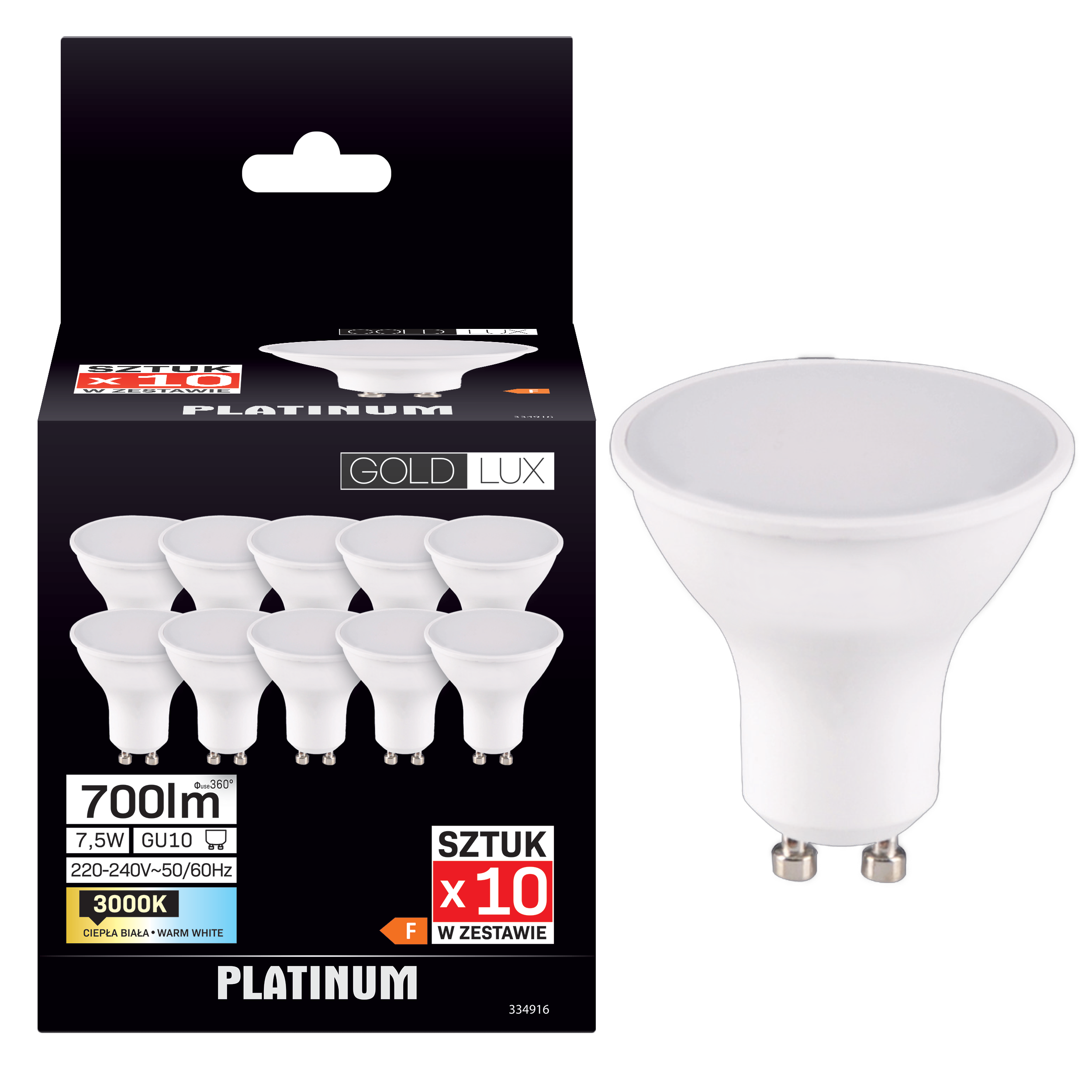 Żarówka LED GU10 10 szt. 7,5 W 700 lm Ciepły biały Goldlux