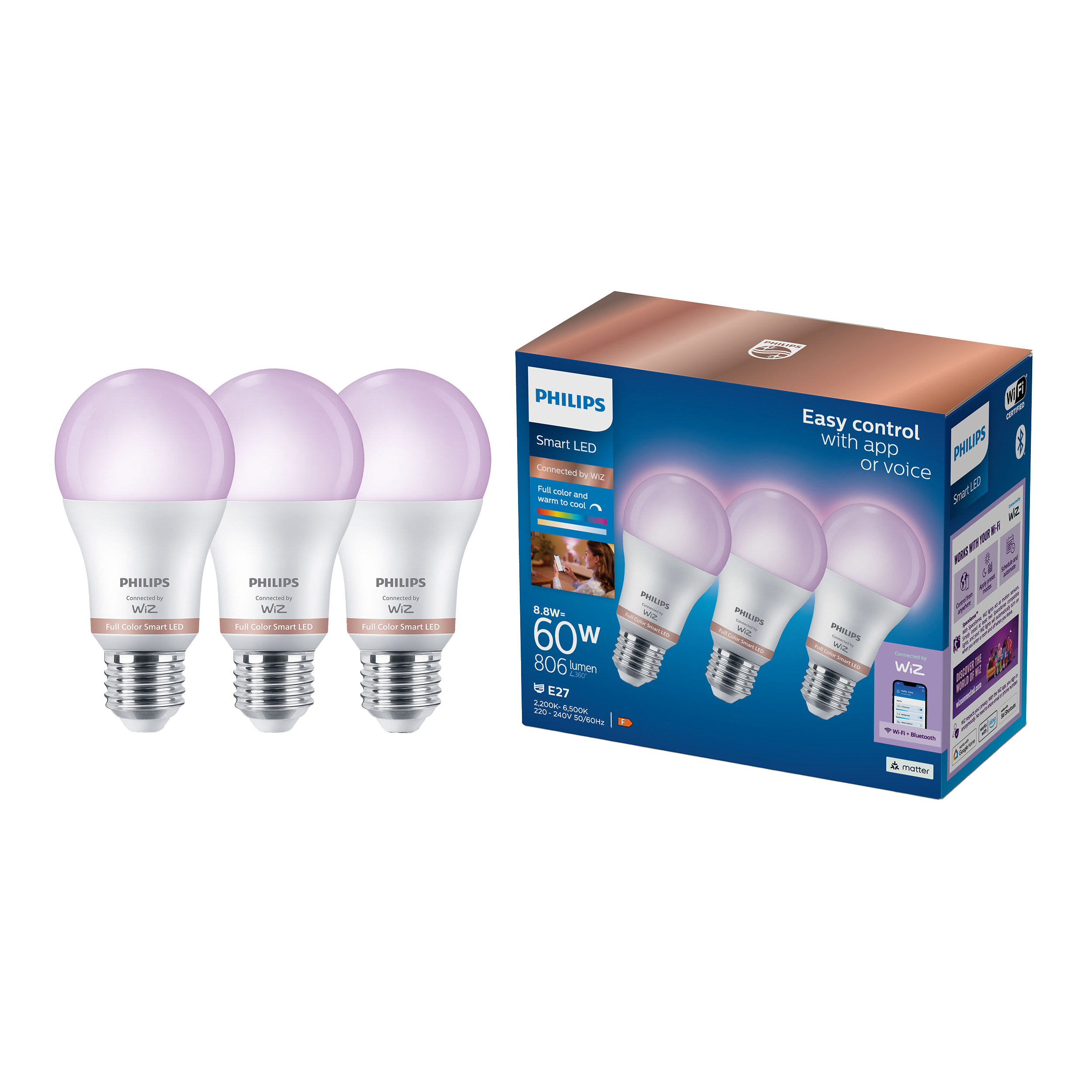 Żarówka LED E27 3 szt. 8.5 W = 60 W 806 lm RGB Philips