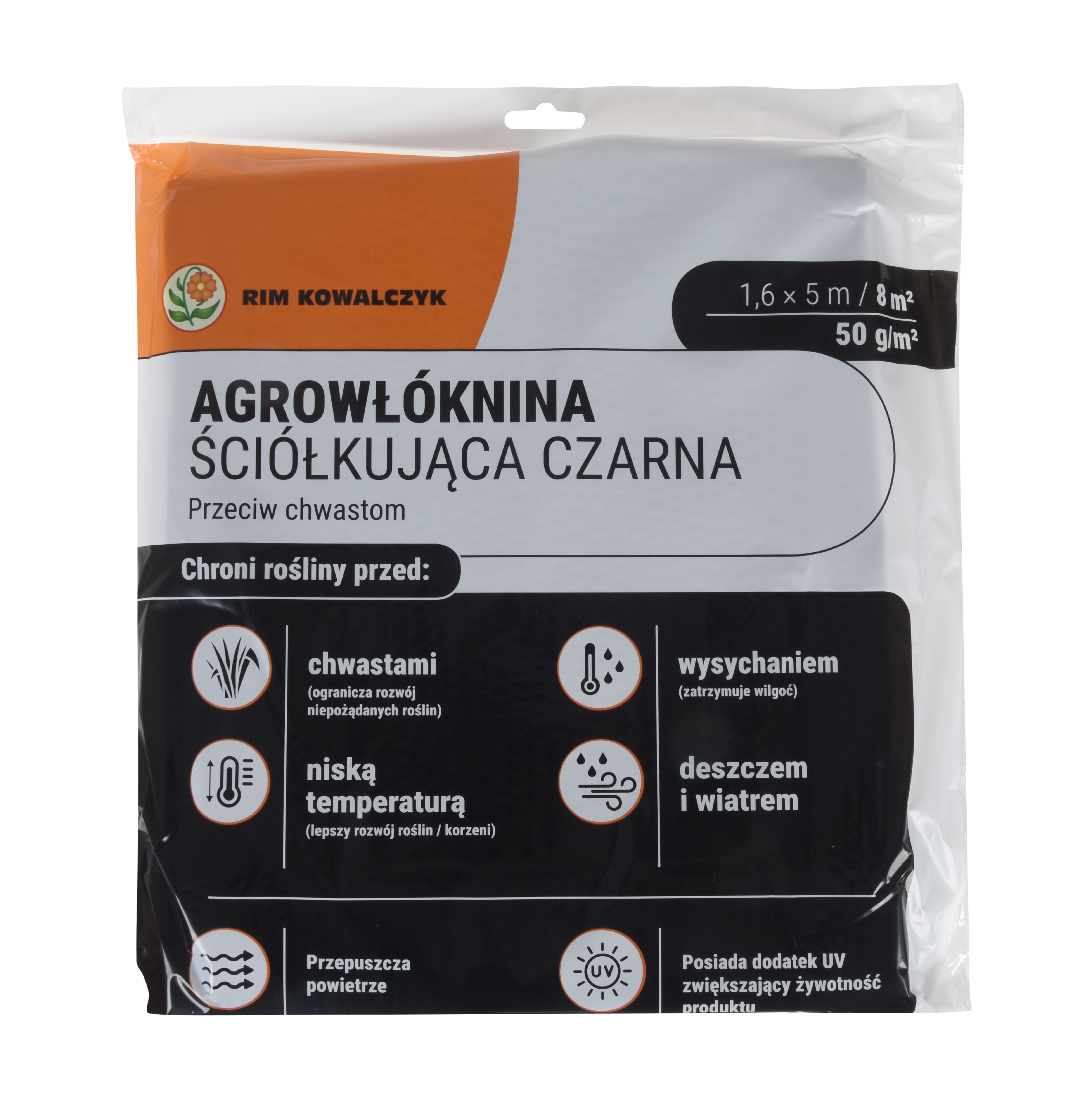 Agrowłóknina czarna ściółkująca 50g/m2 1,6x5 m 8m2 RIM Kowalczyk