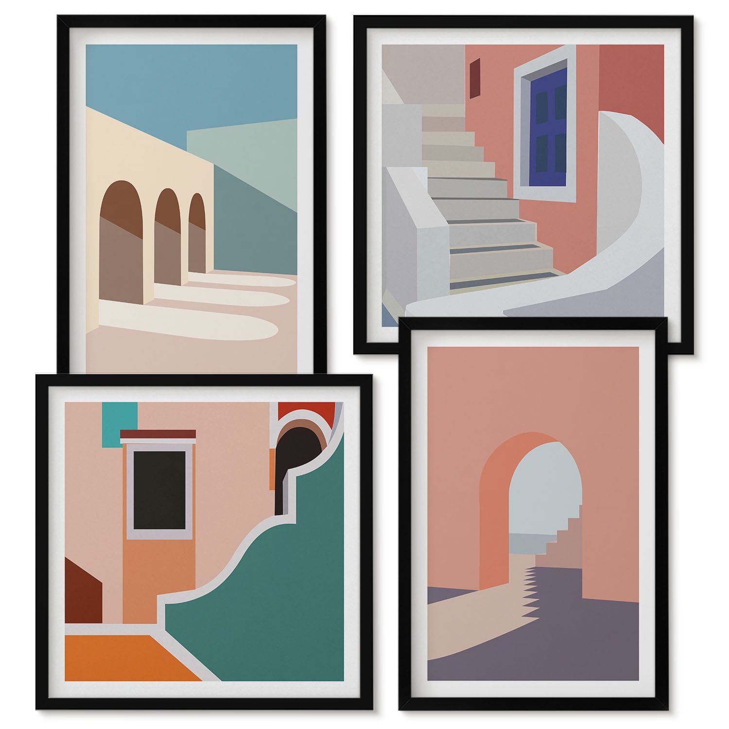 Zestaw obrazów w ramie - 4 części | Pastelowe minimalistyczne grafiki architektury miejskiej | Czarna ramka