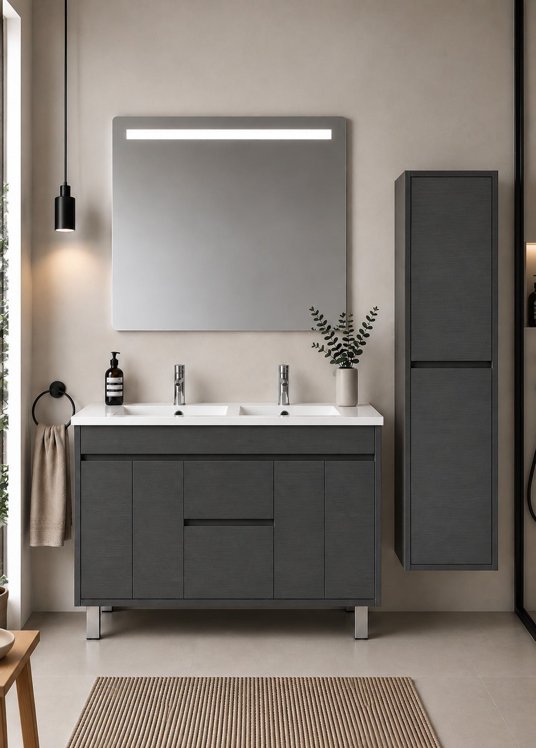 Szafka łazienkowa z umywalką ORIGENBATH ISQUIA bez lustra 120x45 cm podwójna umywalka grafitowy z kolumną