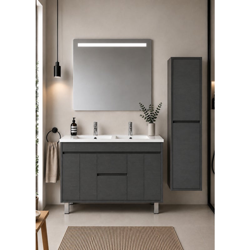 Szafka łazienkowa z umywalką ORIGENBATH ISQUIA bez lustra 120x45 cm podwójna umywalka grafitowy z kolumną