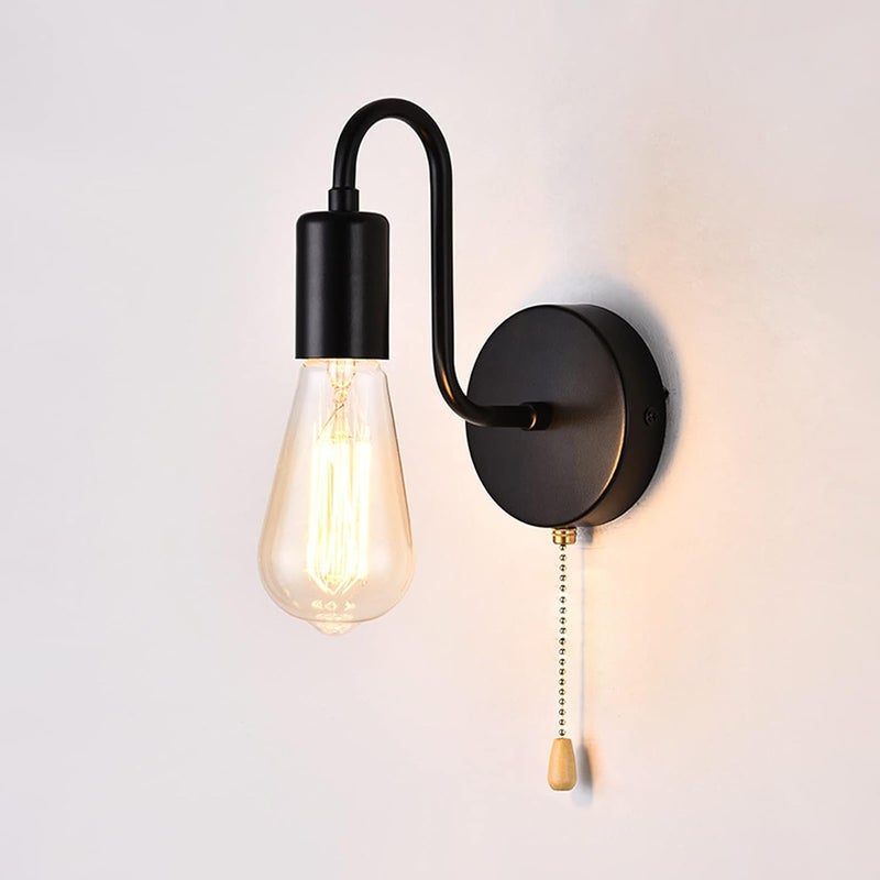 Czarna lampa ścienna z włącznikiem, styl vintage, z łańcuszkiem, do sypialni, łazienki, korytarza (1 lampa)