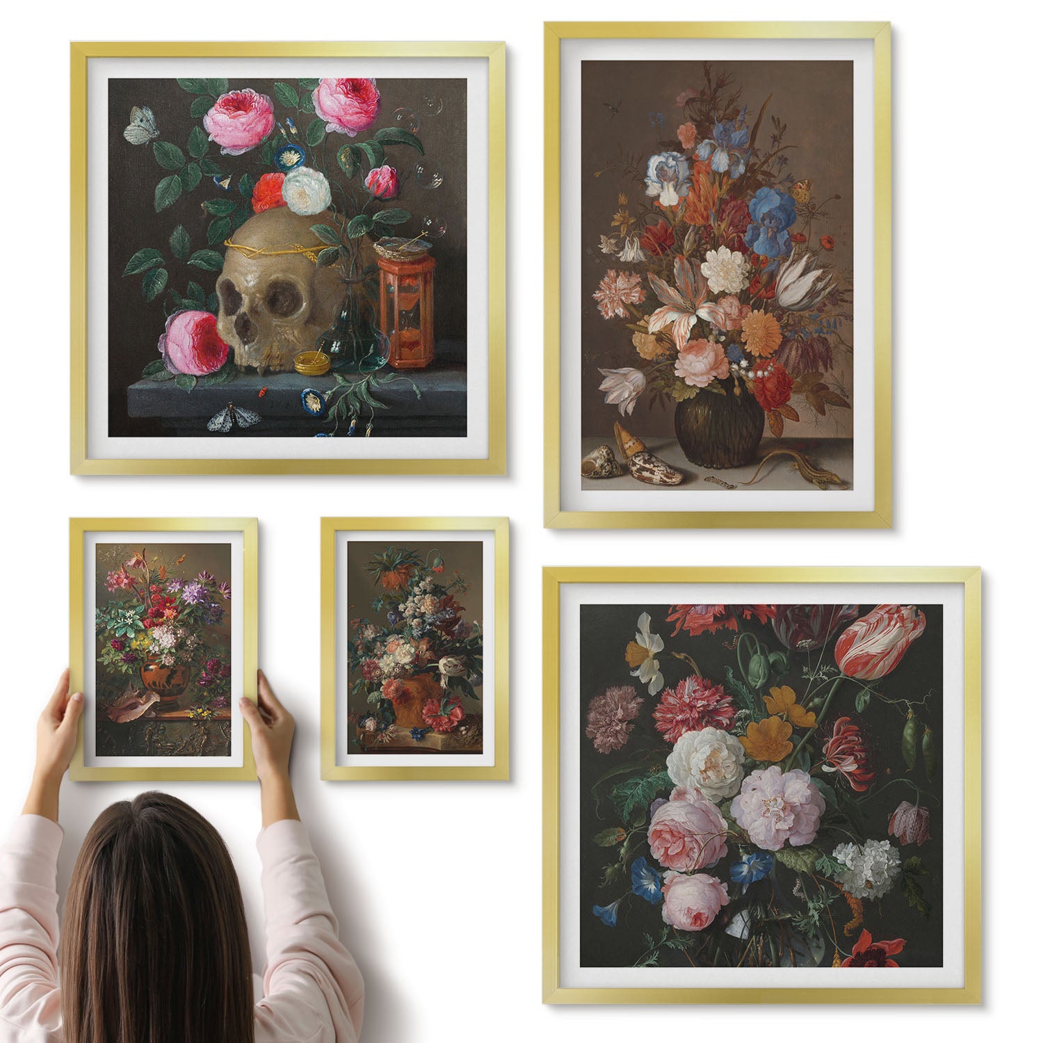 Galeria ścienna 5-częściowy komplet obrazów w złotych ramach - Kwiatowe kompozycje w stylu klasycznym z martwą naturą - ArtPrintCave