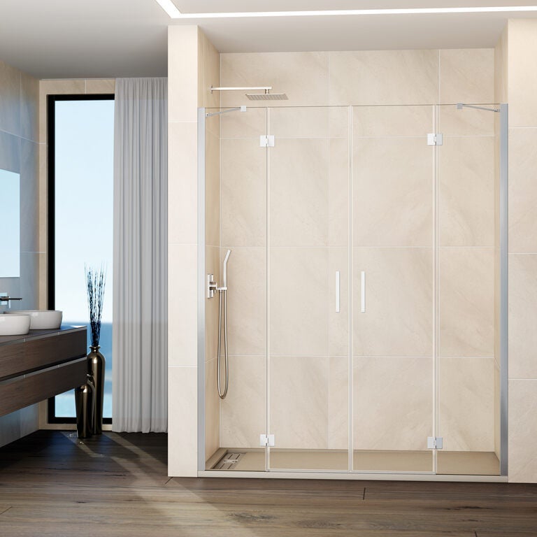 Kabina frontowa GLASS 2 panele stałe + 2 drzwi uchylne 212.5 cm (209,5-215,5; 30+80+80+30) chrom szkło przezroczyste