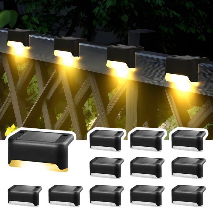Zestaw 12 lamp solarnych na taras, wodoodporne lampy solarne do użytku na zewnątrz, na schodach, ogrodzeniach i podwórkach (czarne, ciepła biel)
