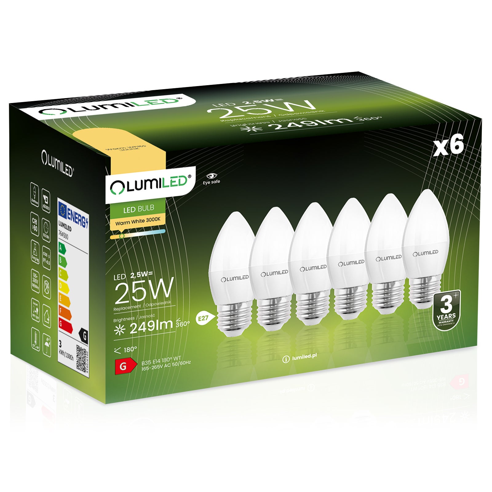 6x Żarówka Lumiled LED E27 Świeczka B35 2,5W = 25W 249lm 3000K Ciepła 180st