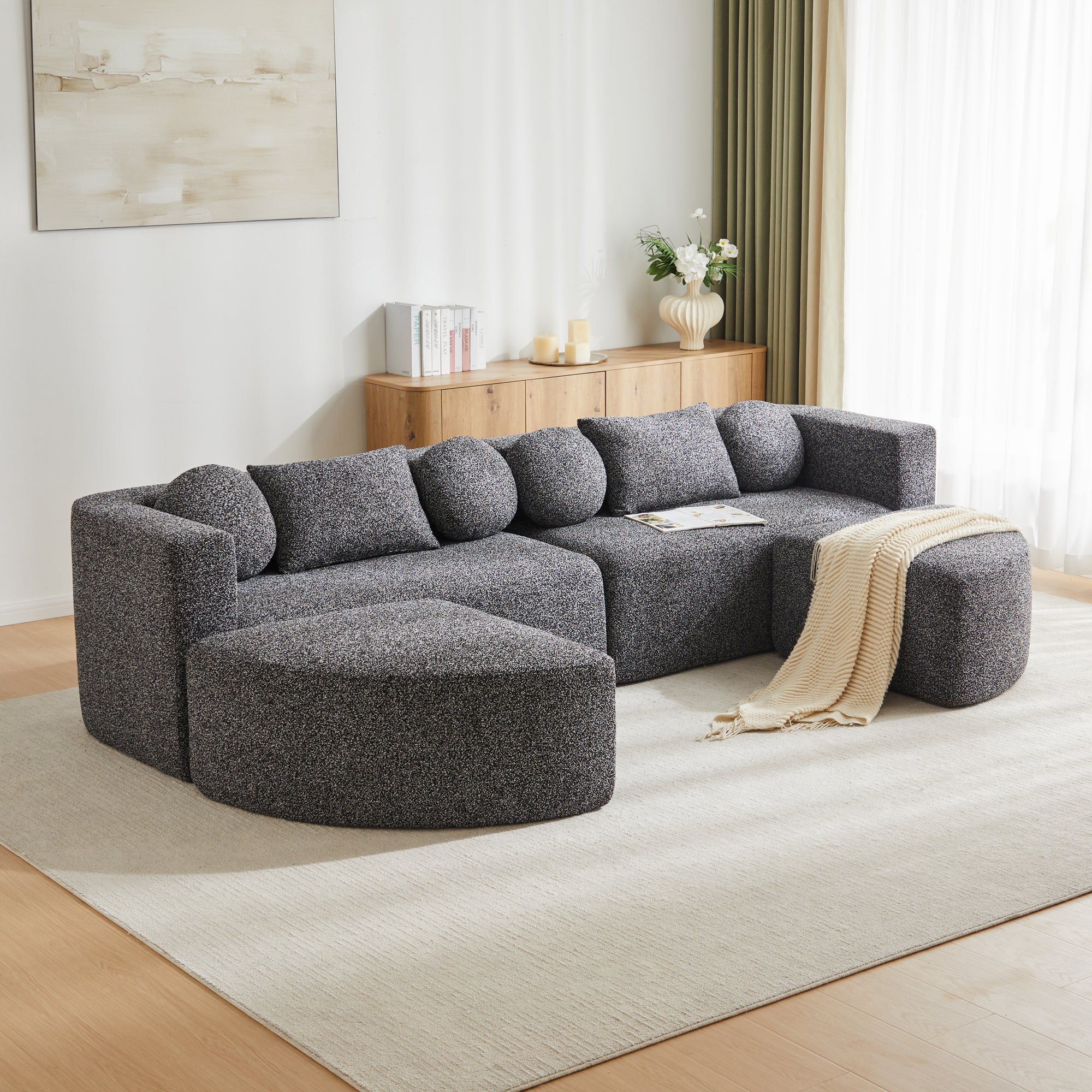 Modułowa sofa z tkaniny szenilowej - z funkcją spania - nie wymaga montażu - kształt rozkładany - czarna