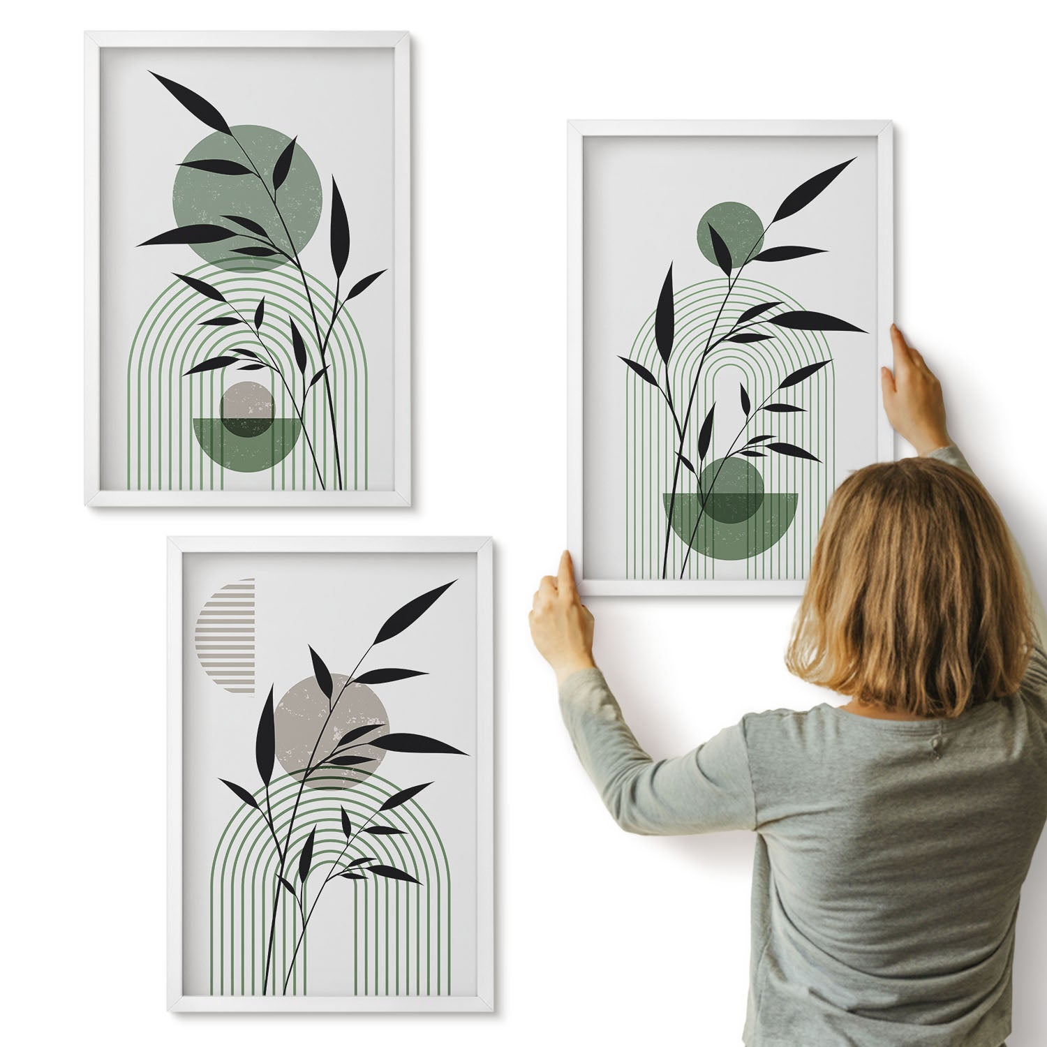 Galeria ścienna 3-częściowy komplet obrazów w białych ramach - Roślinne kompozycje abstrakcyjne styl boho - ArtPrintCave