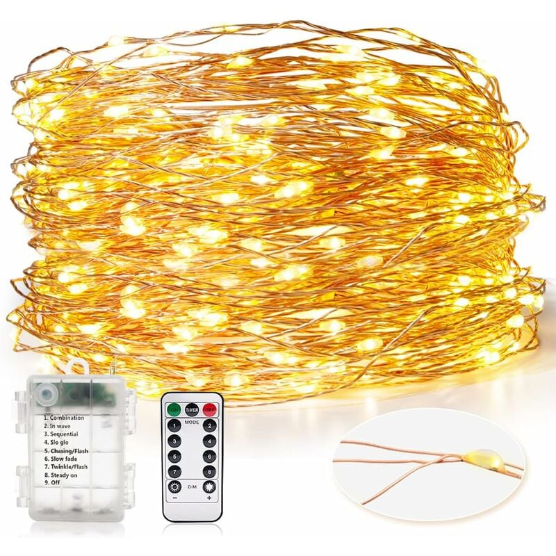 Lampki choinkowe zasilane bateriami, 30 m, 300 diod LED, do użytku wewnątrz i na zewnątrz, wodoodporne, drut miedziany, ciepłe białe światło na rustyk