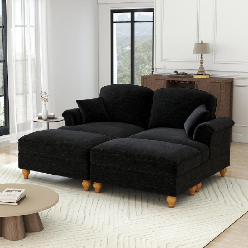 Elegancka, dwuosobowa sofa w stylu średniowieczno-nowoczesnym, z rozszerzanymi podłokietnikami, zdejmowanym błotnikiem
