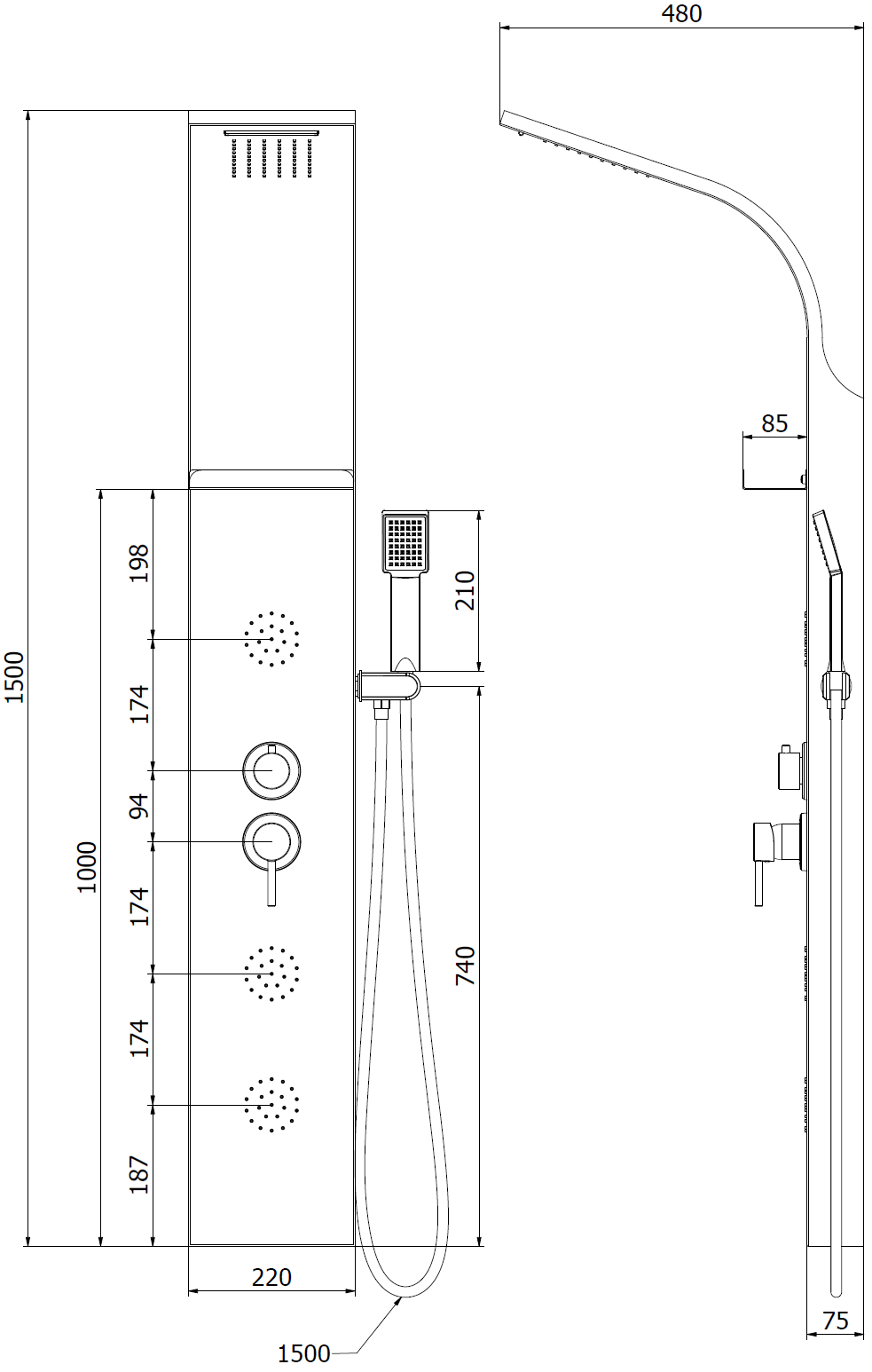 Mexen Borg panel prysznicowy, czarny - 7615-03-70