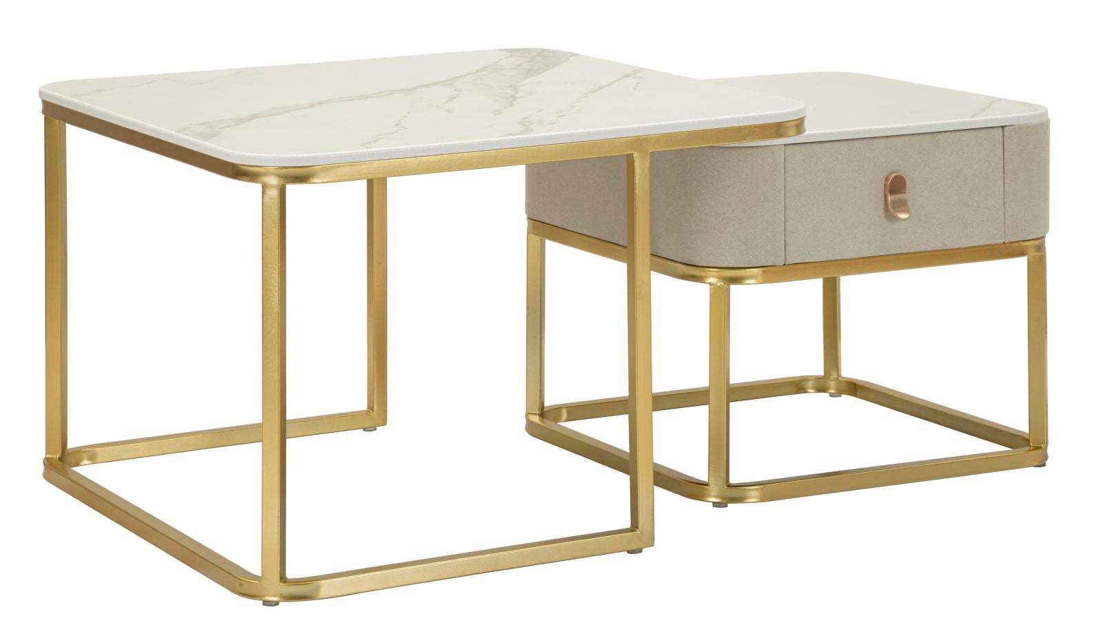 Para pięknych stolików kawowych z blatem imitującym marmur i złotą ramą – nowoczesny, glamourowy design do salonu – 1428810000
