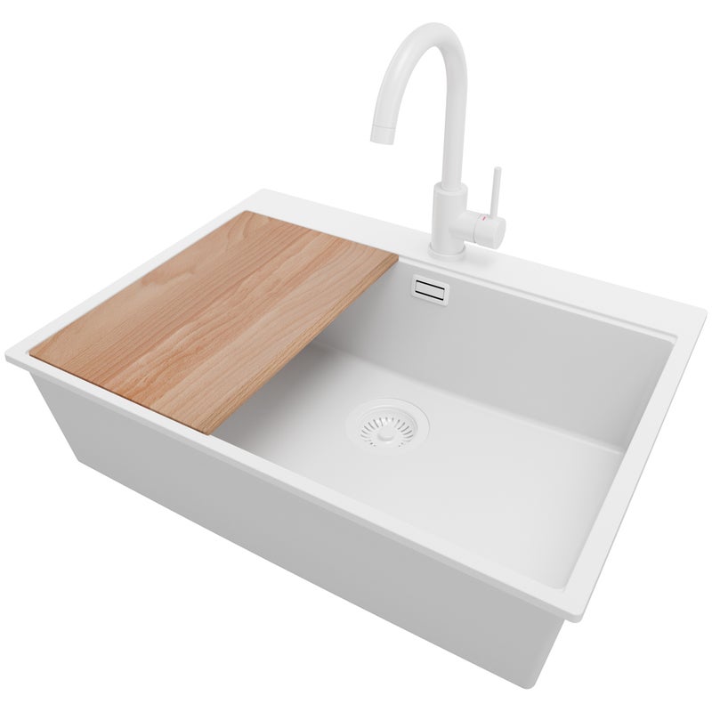 Zlewozmywak Granitowy Cały Biały 68x50cm, Zlew Kuchenny 1 Komorowy + Bateria 32x20cm + Syfon + Deska, Nablatowy do szafki od 70cm - Oslo PRIMAGRAN