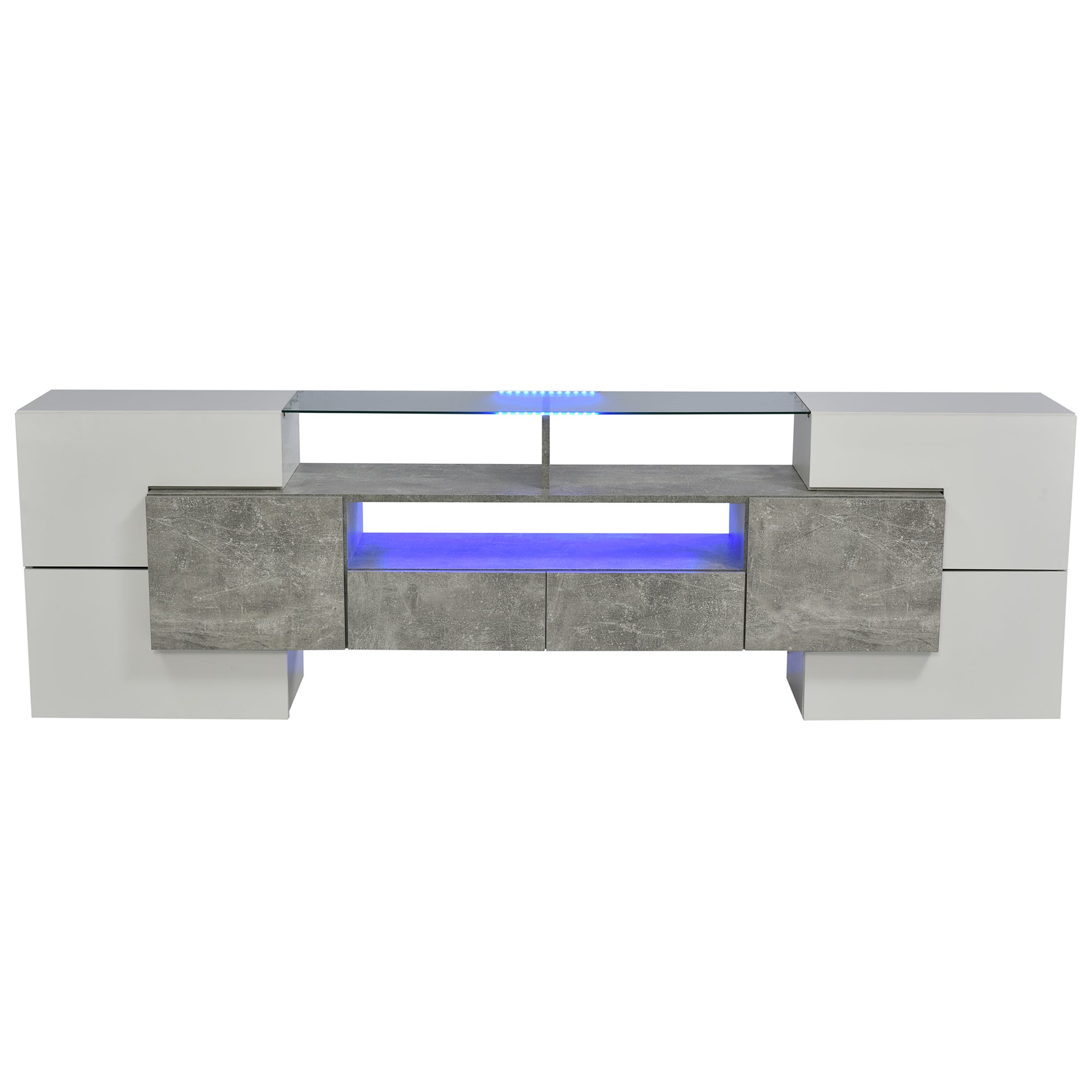Nowoczesna, niska szafka pod telewizor z podświetleniem LED, w kolorze błyszczącej bieli, z eleganckim szkłem, 200 cm, przeznaczona do salonu