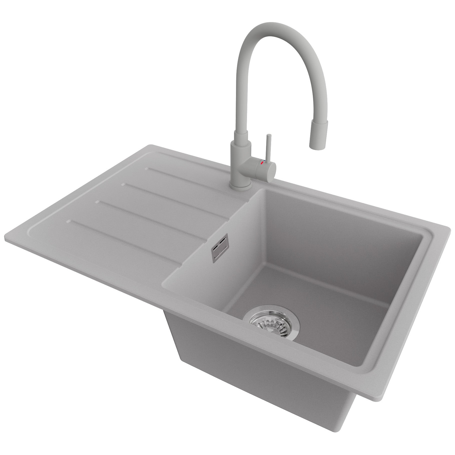 Zlewozmywak Granitowy Szary 70x44cm, Zlew Kuchenny 1 Komorowy + Bateria 38x14cm + Syfon, Nablatowy do szafki od 45cm - Kopenhaga Easy PRIMAGRAN