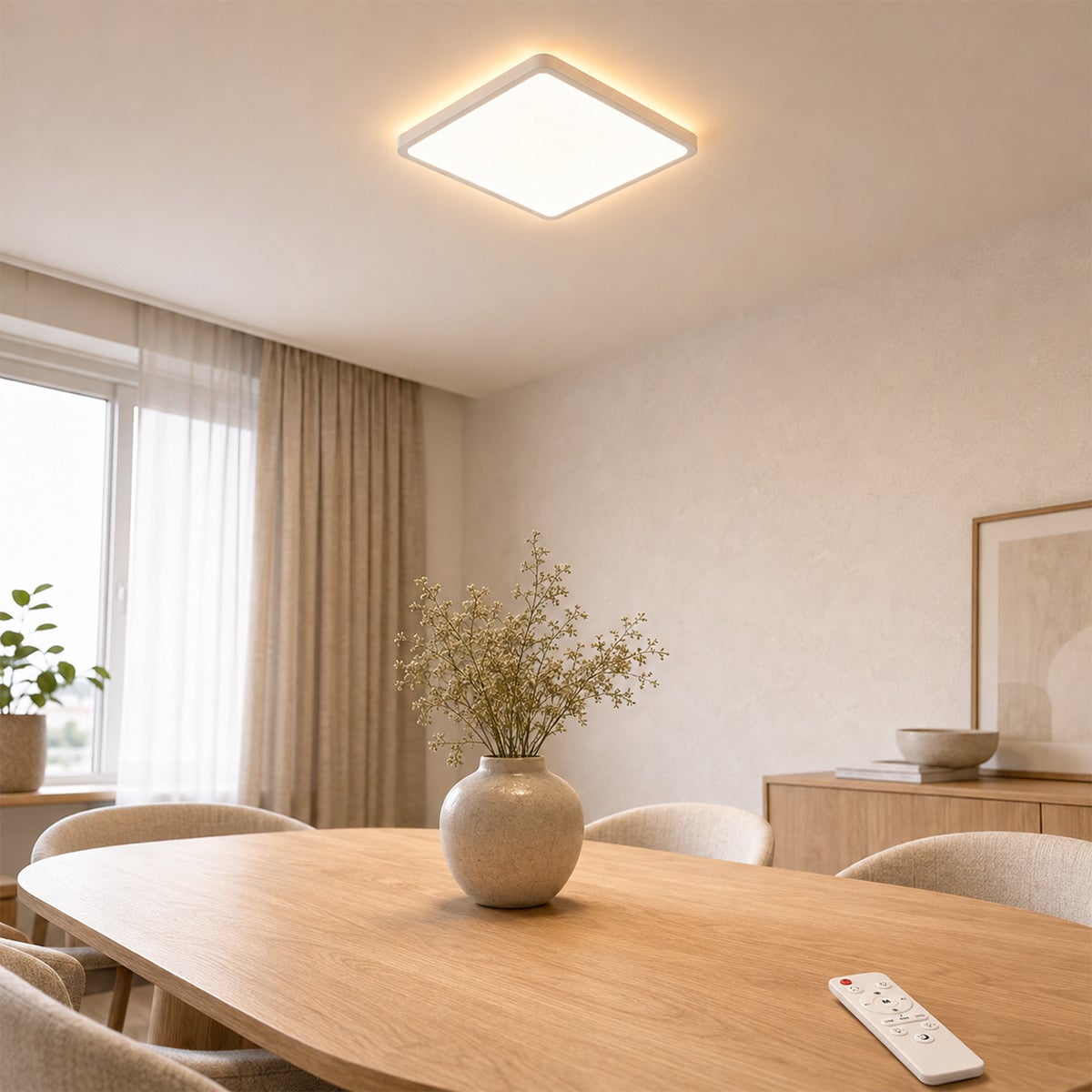 Plafon LED kwadratowy 24 W 3200 lm 29 × 29 × 2,5 cm, ściemnialny 3000–6500 K, lampka nocna 1800 K pilot timer 30/60/120 min