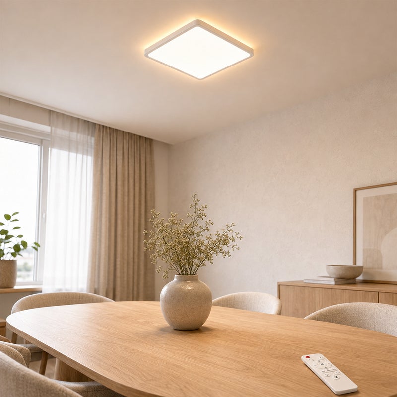 Plafon LED kwadratowy 24 W 3200 lm 29 × 29 × 2,5 cm, ściemnialny 3000–6500 K, lampka nocna 1800 K pilot timer 30/60/120 min