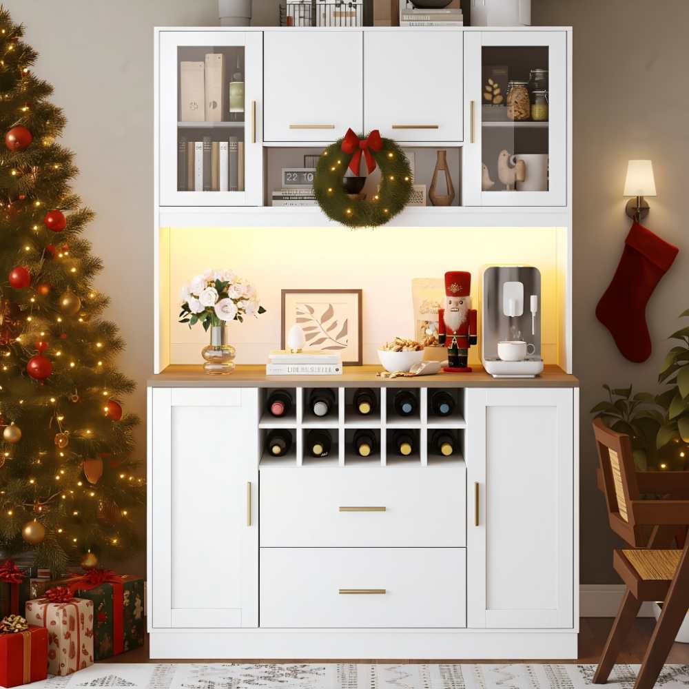 Wielofunkcyjna szafka 120x36,3x180 cm z oświetleniem LED, wbudowanymi gniazdkami, 6 drzwiami, 2 dużymi szufladami z płyty MDF