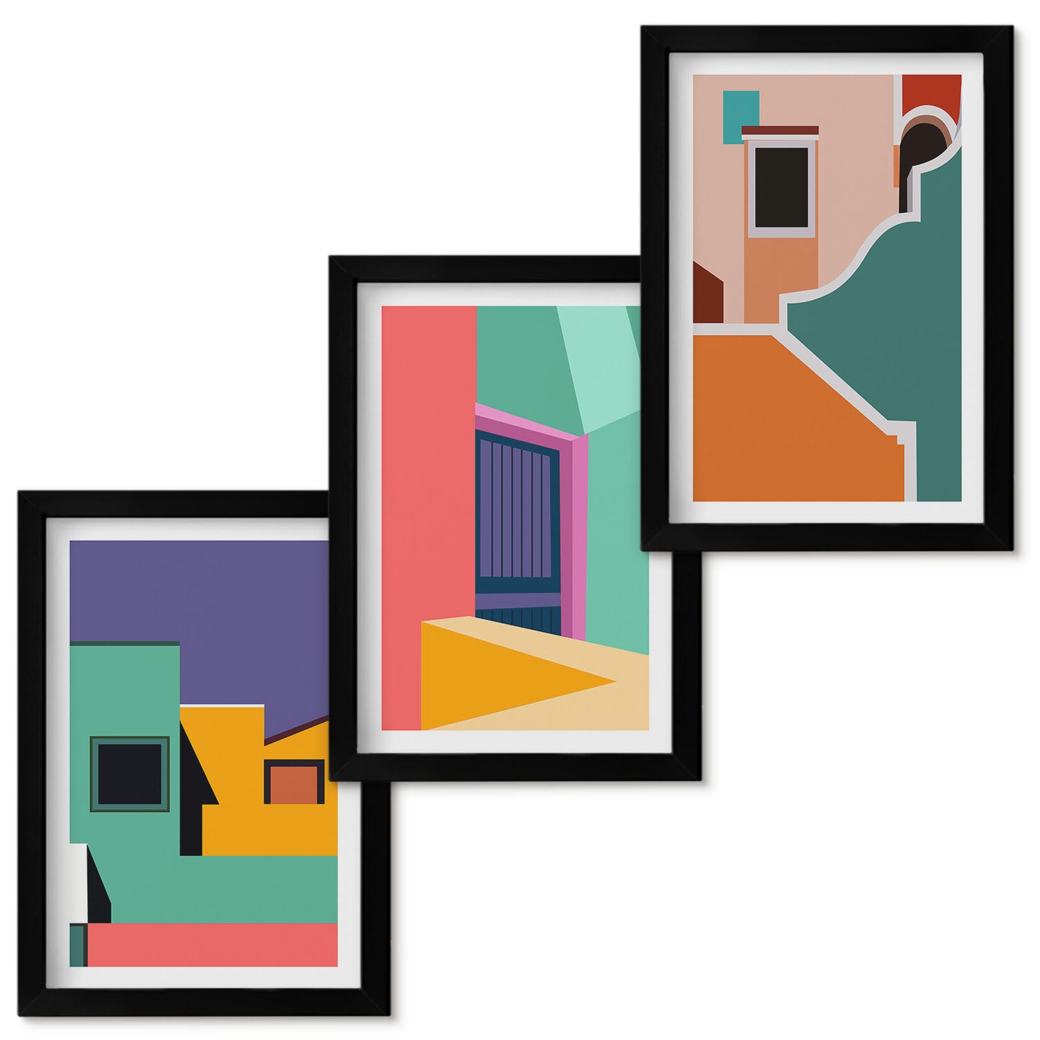 Zestaw obrazów w ramie - 3 części | Kolorowe ilustracje miasta w stylu nowoczesnym | Czarna ramka