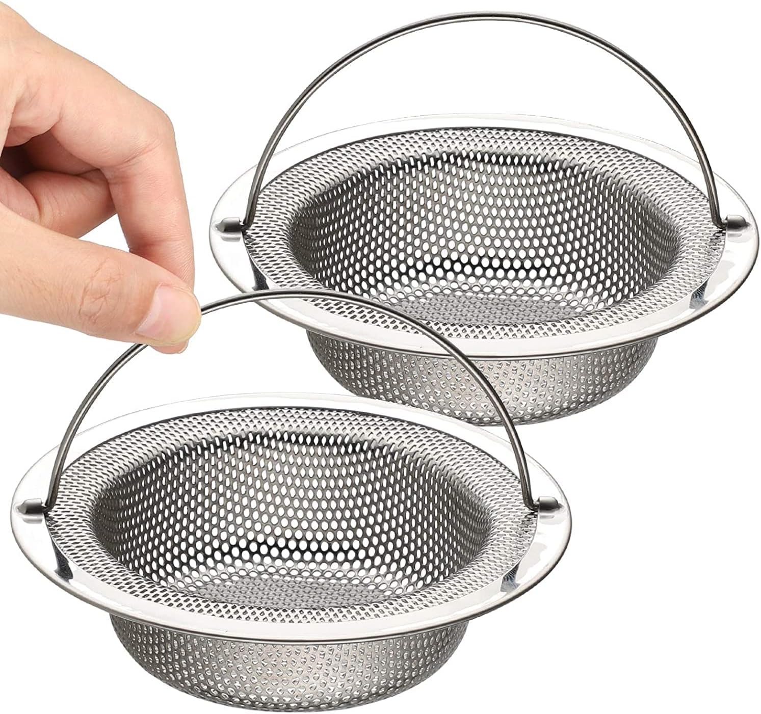 Zestaw 2 filtrów do zlewu kuchennego, sitko odpływowe ze stali nierdzewnej z uchwytem do podnoszenia, średnica zewnętrzna 11 cm x wysokość 2 cm