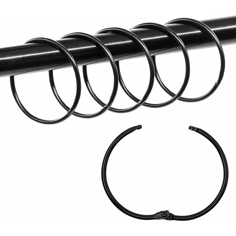 Zestaw 36 metalowych, okrągłych kółek do segregatora, do zasłon prysznicowych, 5 cm, do notatek, do biura (czarne)