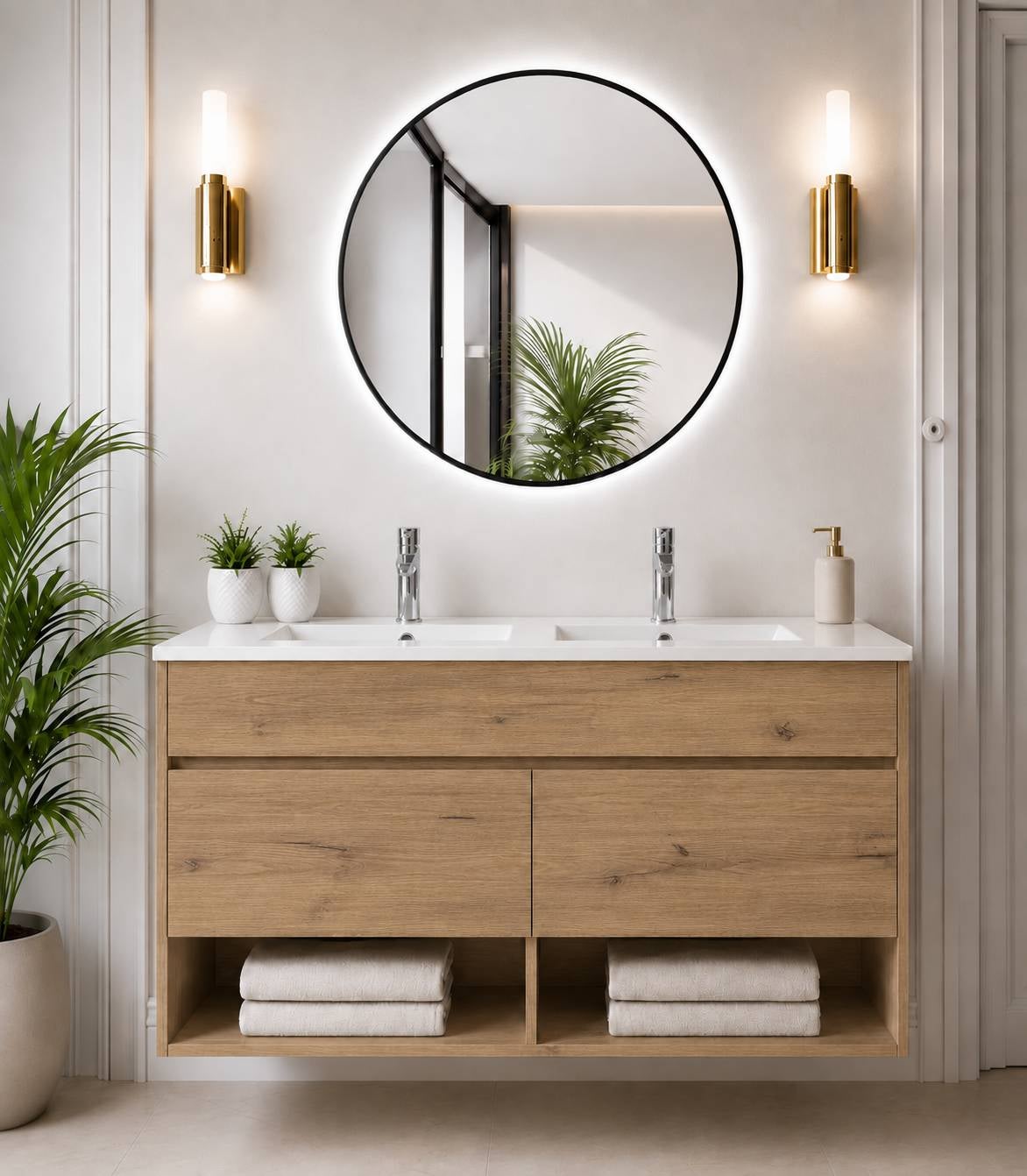 Wisząca szafka łazienkowa z umywalką ORIGENBATH NEBARI z drzwiami 120x45 cm podwójna umywalka estepa