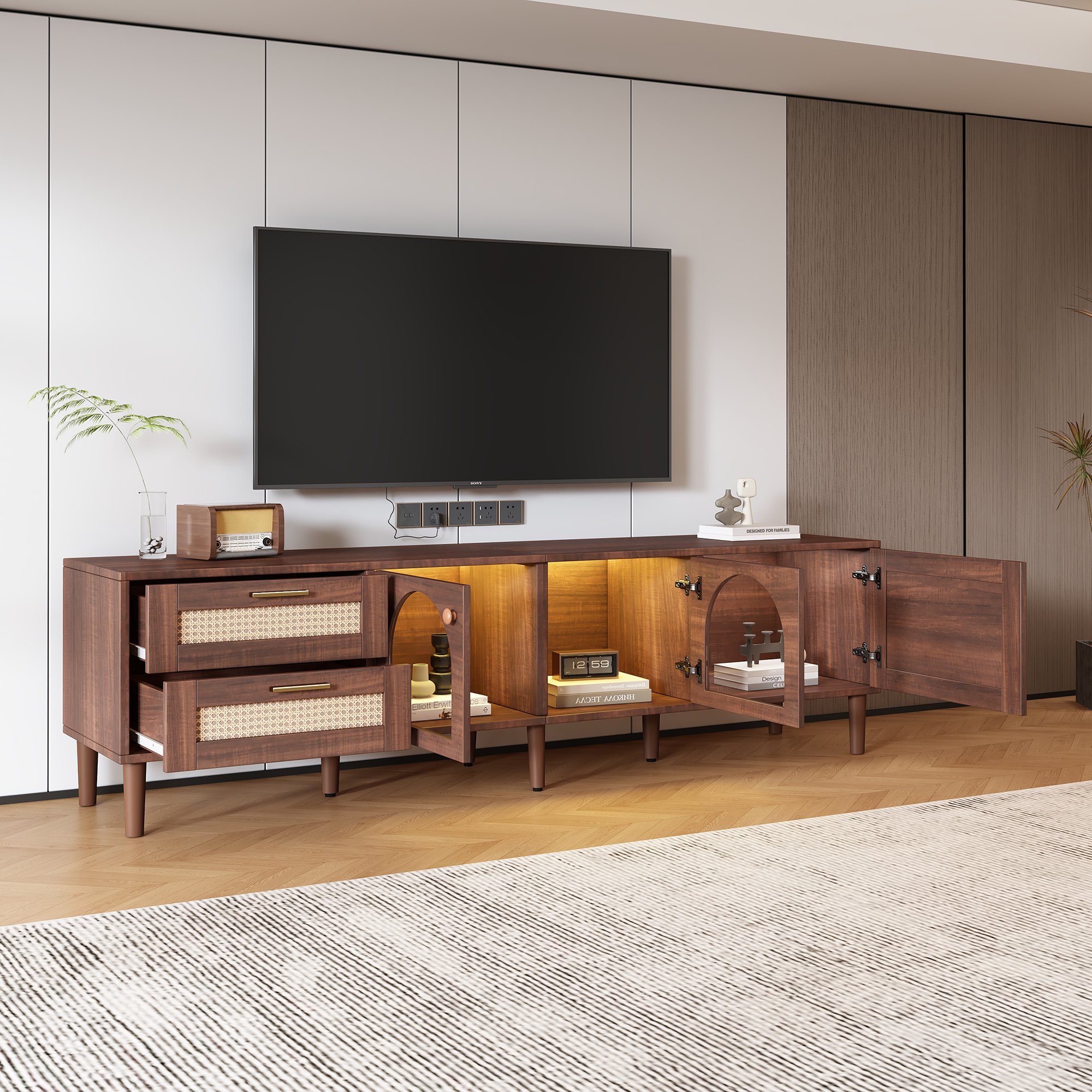 TV-Schrank 180 cm do telewizora 80-calowego, brązowy z 2 rattanowymi szufladami i LED-świetleniem