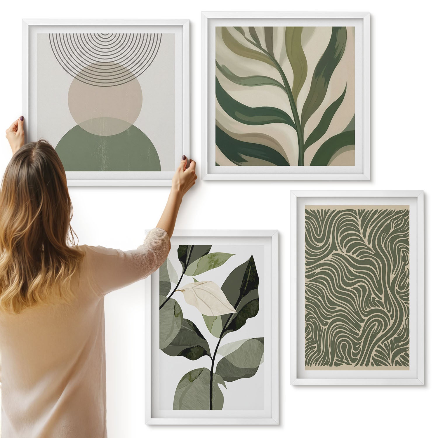 Galeria ścienna 4-częściowy komplet obrazów w białych ramach - Liście i geometryczne kształty abstrakcja - ArtPrintCave