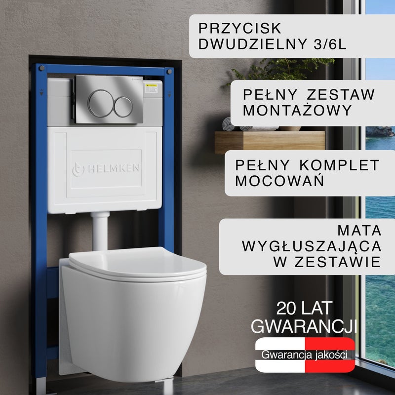 Stelaż podtynkowy WC Helmken 35490101 Zestaw 5w1: Przycisk Chrom (E), Miska bezkołnierzowa Rimless, Deska wolnoopadająca, Mata