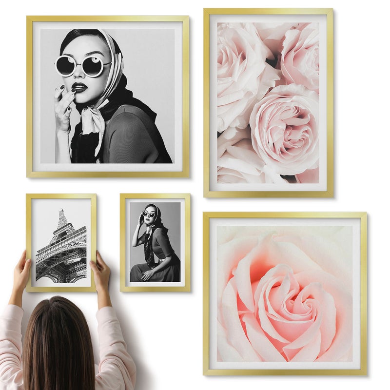 Galeria ścienna 5-częściowy komplet obrazów w złotych ramach - Stylowe portrety i romantyczne róże w eleganckim wydaniu - ArtPrintCave