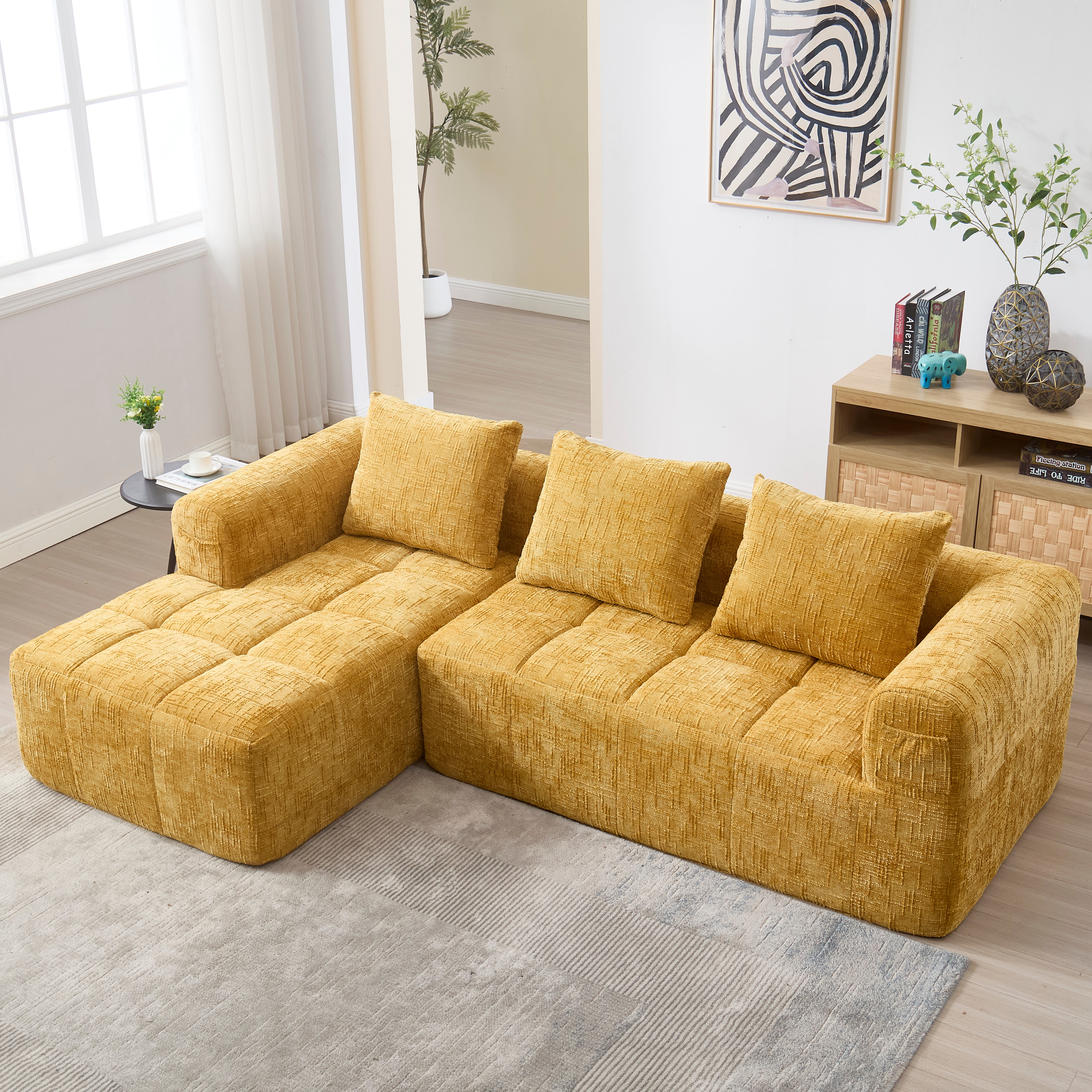 Nowoczesna sofa segmentowa, sofa L, sofa 3-osobowa, nie wymaga instalacji, sofa szenilowa z szezlongiem i podłokietnikami, 3 poduszki