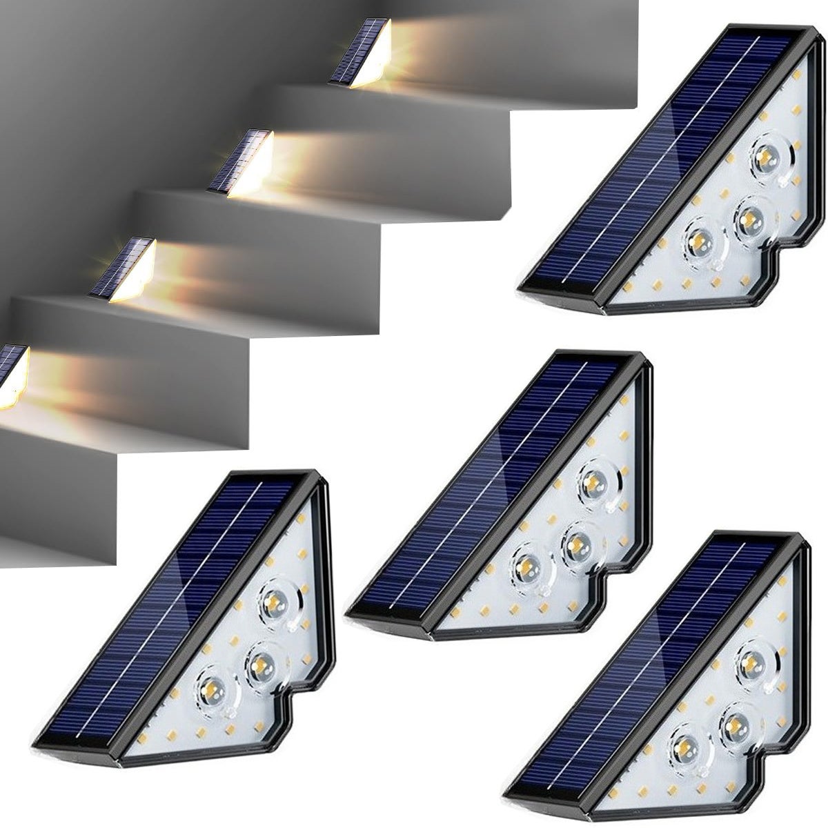 Zestaw 4 lamp solarnych do schodów, wodoodporne oświetlenie zewnętrzne IP65, dekoracyjne oświetlenie LED na taras, werandę i patio, ciepła biel