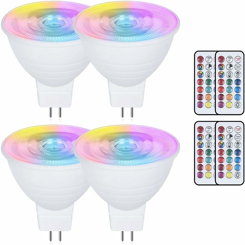 Zestaw 4 żarówek LED MR16 o mocy 3W RGB ze zmienną barwą światła, trzonek GU5.3 - AC/DC 220V - ściemnialne RGB - funkcja pamięci