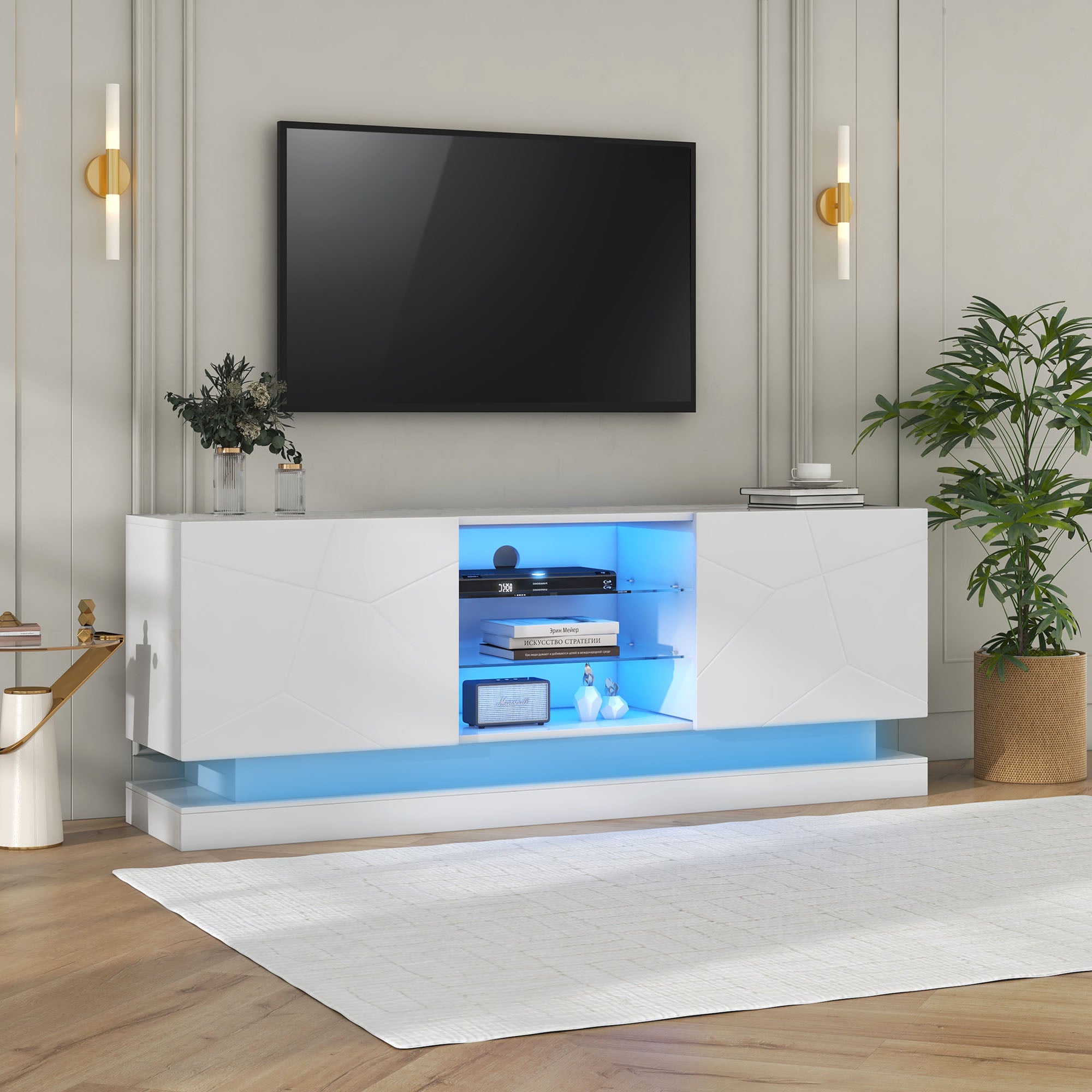 Nowoczesna szafka pod TV z kolorowymi diodami LED - odpowiednia do telewizorów 70" - 2 drzwi i 3 półki - biała