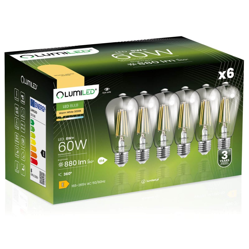 6x Żarówka Lumiled LED E27 Edison ST64 8W = 60W 880lm 3000K Ciepła 360st Filament
