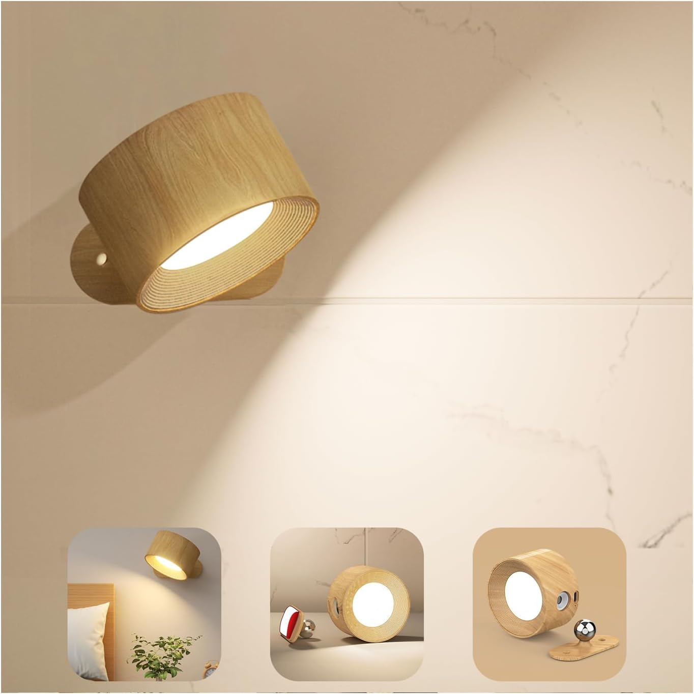 Dotykowa wewnętrzna lampa ścienna LED z portem ładowania USB, sterowanie dotykowe, 3 poziomy jasności, 3 temperatury, 360°, obrotowa