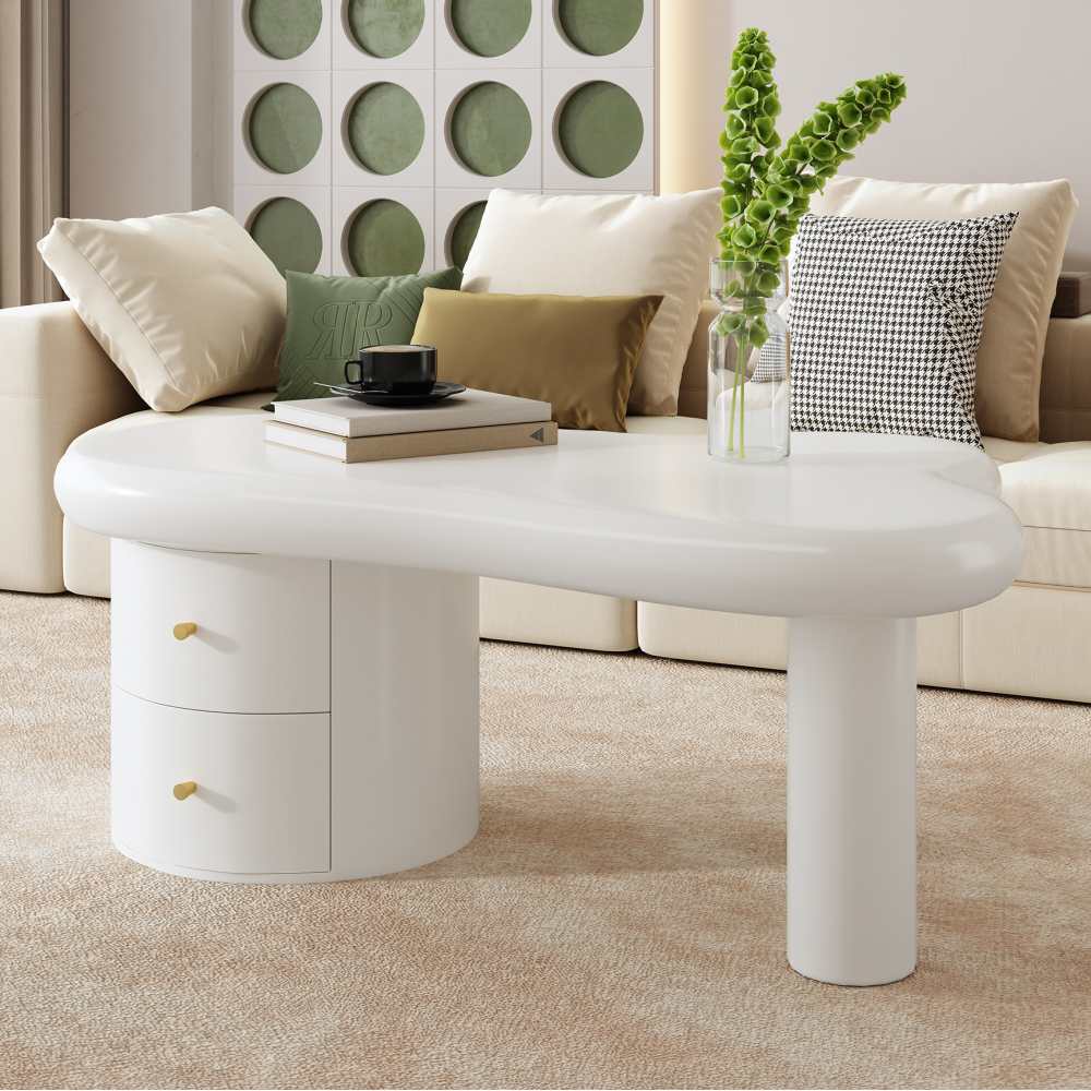Nowoczesny, nieregularny stolik kawowy z płyty MDF z 2 zintegrowanymi szufladami, stabilny i elegancki do salonu i wielu zastosowań