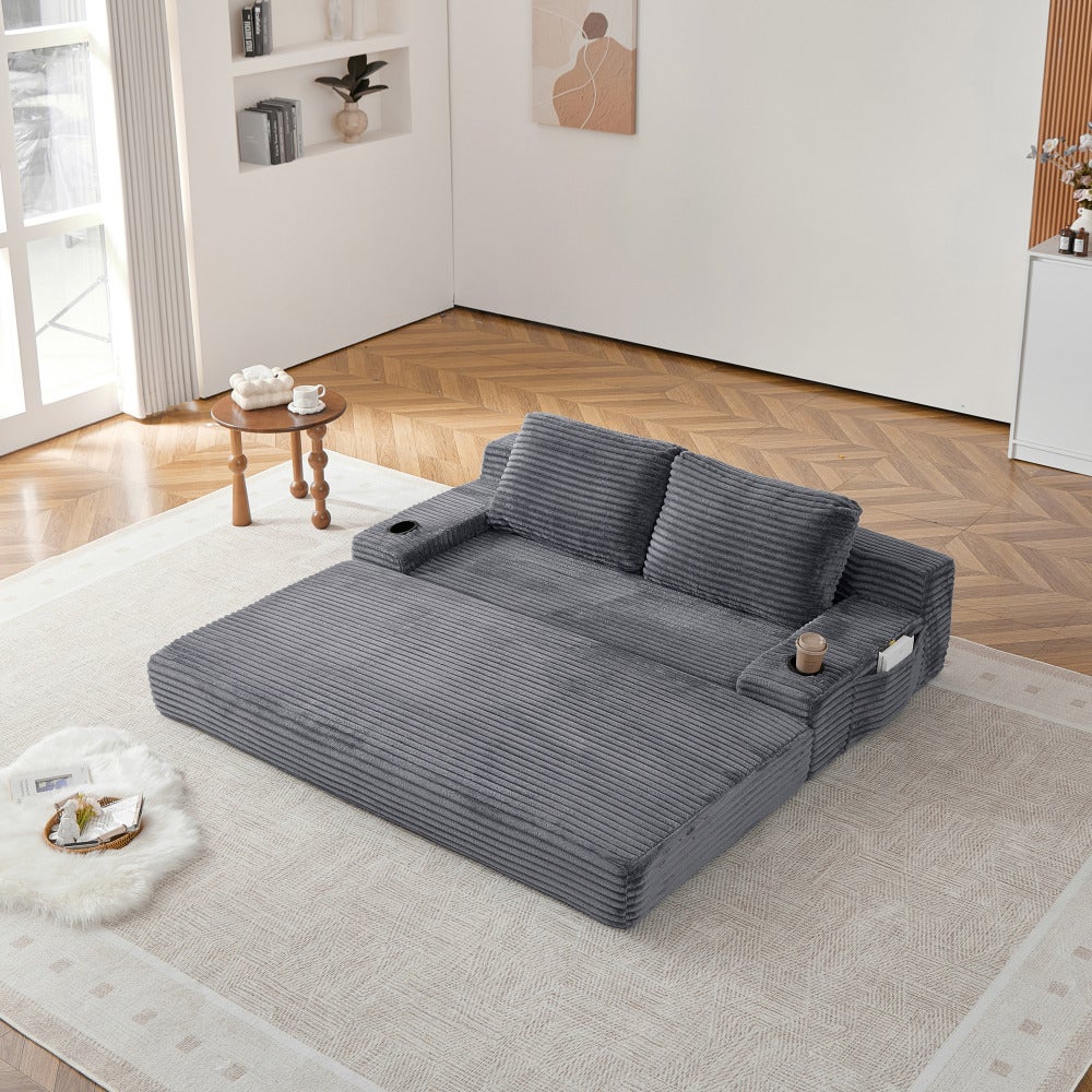 Kanapa sofa rozkładana 2-osobowa 2 w 1 ze sztruksu, 2 poduszki, uchwyty na kubki i kieszenie boczne